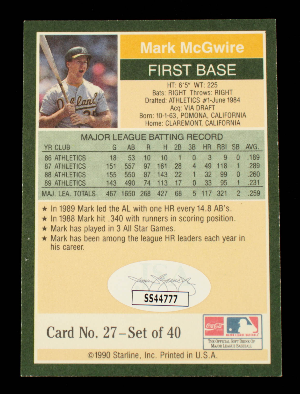 Mark McGwire Signed 1990 Starline Long John Silver #27 (JSA COA) at PristineAuction.com Mark McGwire Signed 1990 Starline Long John Silver #27 (JSA COA) at PristineAuction.com