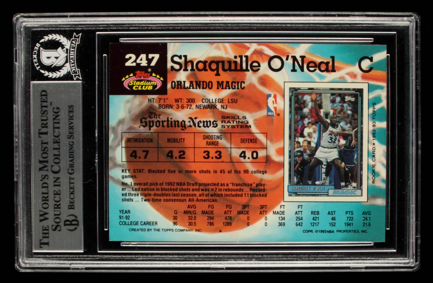 Shaquille O'Neal Signed 1992-93 Stadium Club #247 RC (BGS Encapsulated) at PristineAuction.com Shaquille O'Neal Signed 1992-93 Stadium Club #247 RC (BGS Encapsulated) at PristineAuction.com