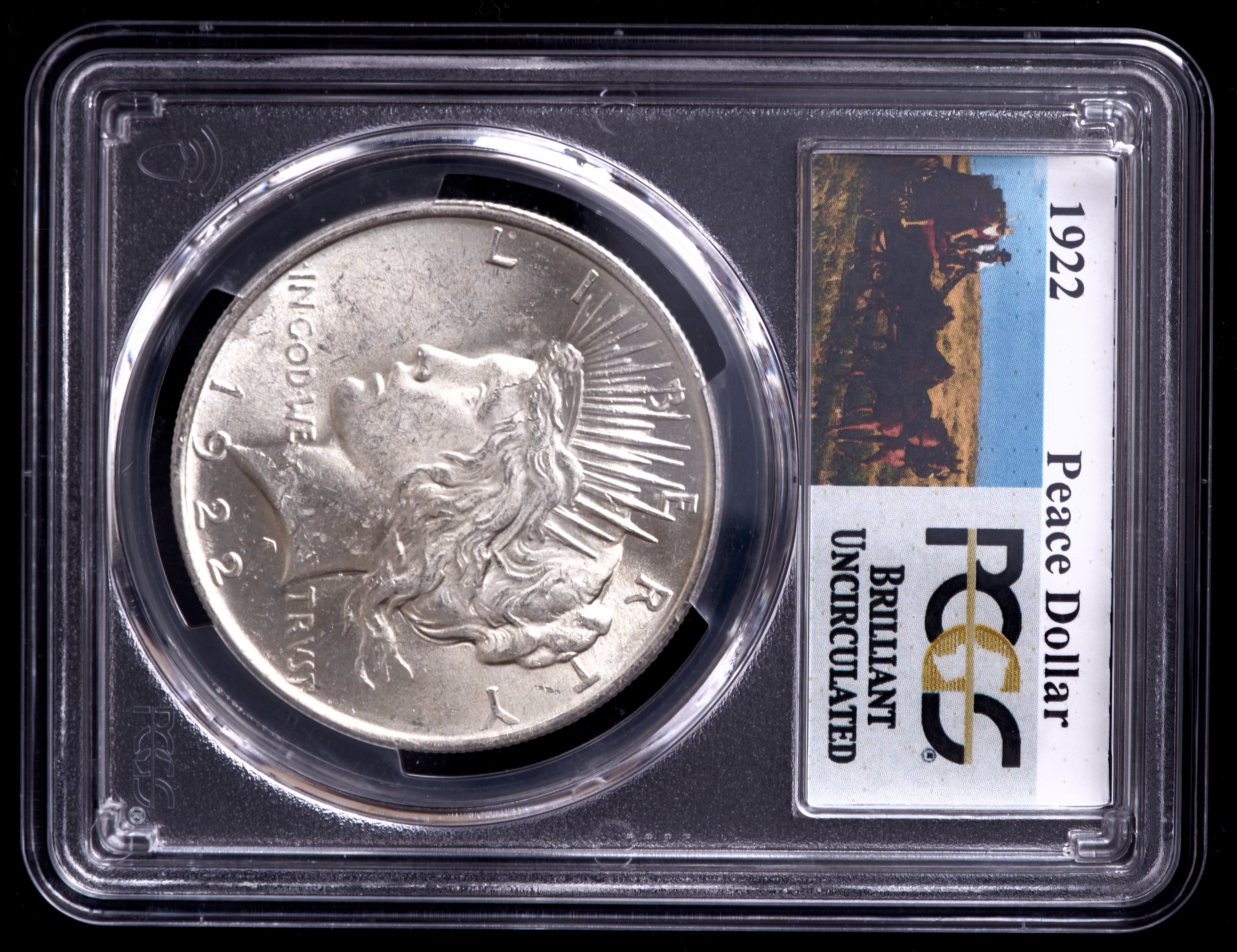 1922 Peace Silver Dollar - Stage Coach Label (PCGS Brilliant Uncirculated) at PristineAuction.com 1922 Peace Silver Dollar - Stage Coach Label (PCGS Brilliant Uncirculated) at PristineAuction.com