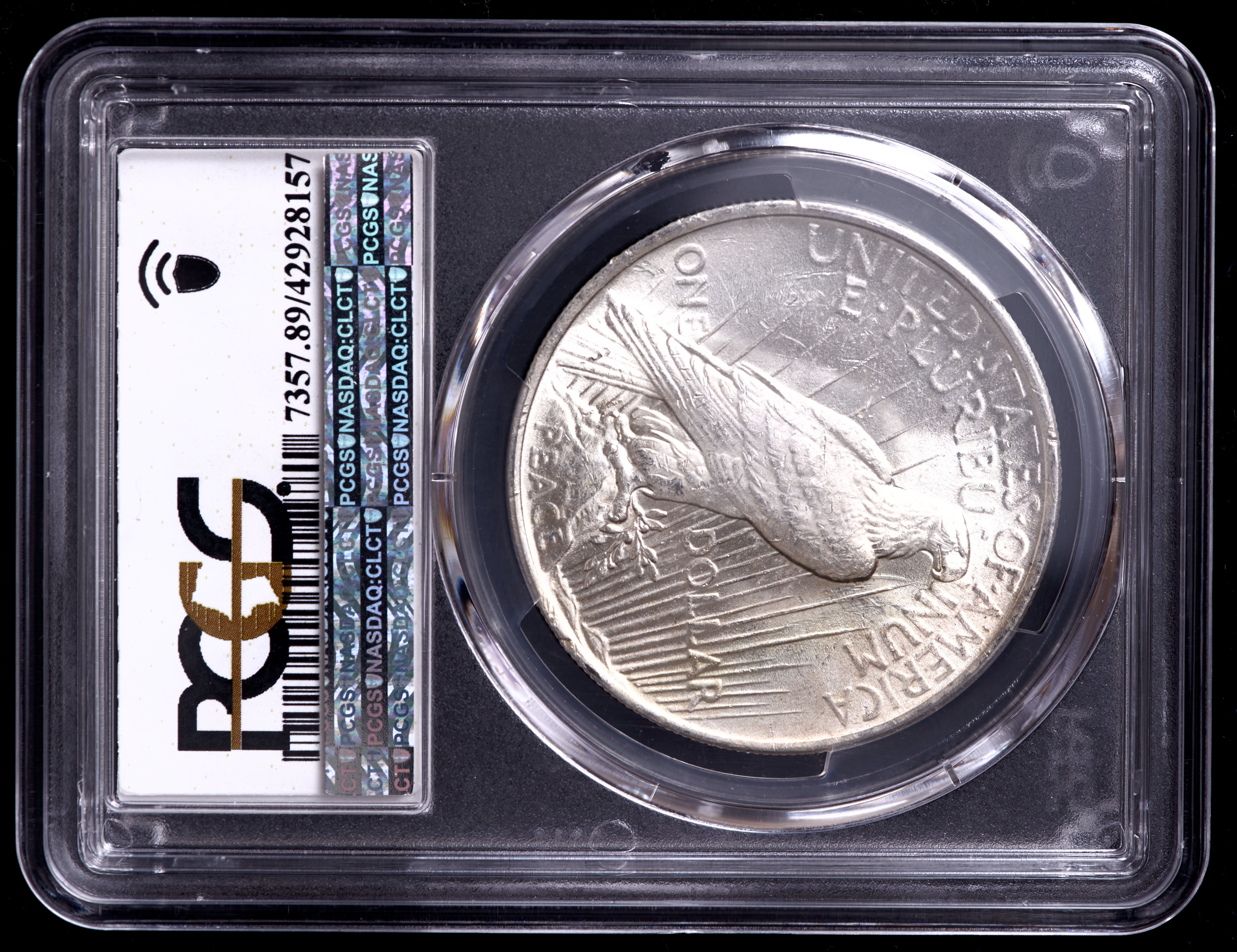 1922 Peace Silver Dollar - Stage Coach Label (PCGS Brilliant Uncirculated) at PristineAuction.com 1922 Peace Silver Dollar - Stage Coach Label (PCGS Brilliant Uncirculated) at PristineAuction.com