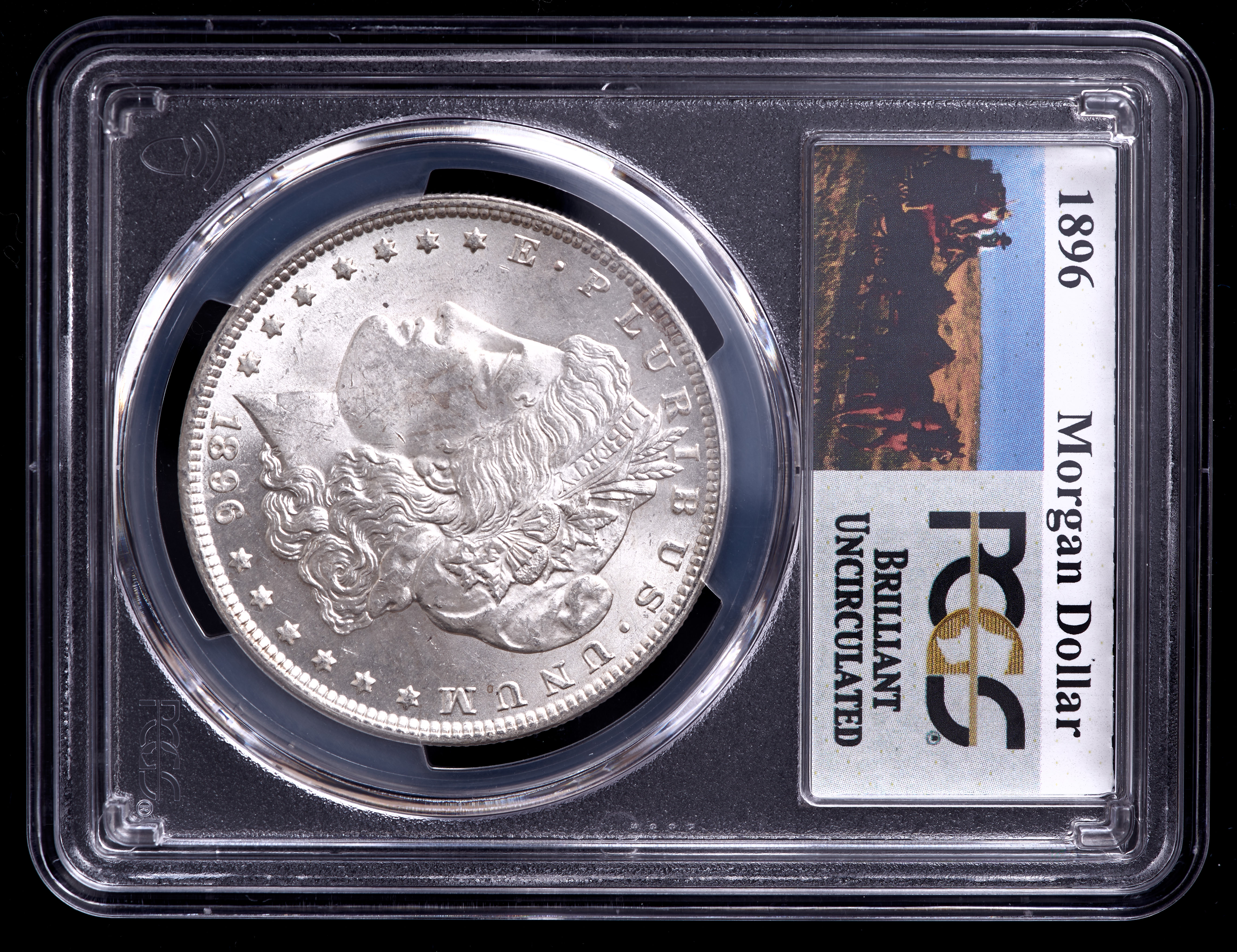 1896 Morgan Silver Dollar - Stage Coach Label (PCGS Brilliant Uncirculated) at PristineAuction.com 1896 Morgan Silver Dollar - Stage Coach Label (PCGS Brilliant Uncirculated) at PristineAuction.com