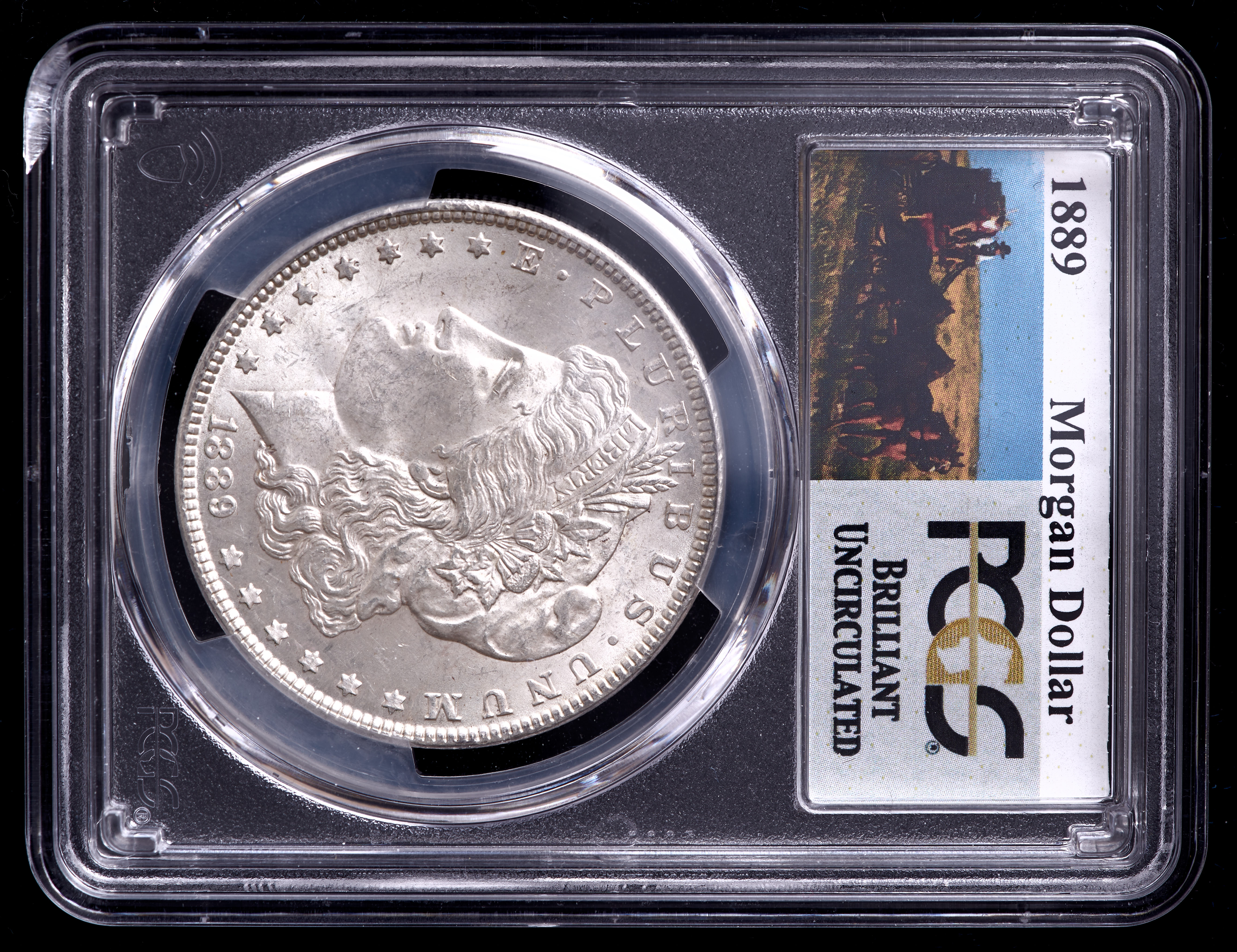 1889 Morgan Silver Dollar - Stage Coach Label (PCGS Brilliant Uncirculated) at PristineAuction.com 1889 Morgan Silver Dollar - Stage Coach Label (PCGS Brilliant Uncirculated) at PristineAuction.com