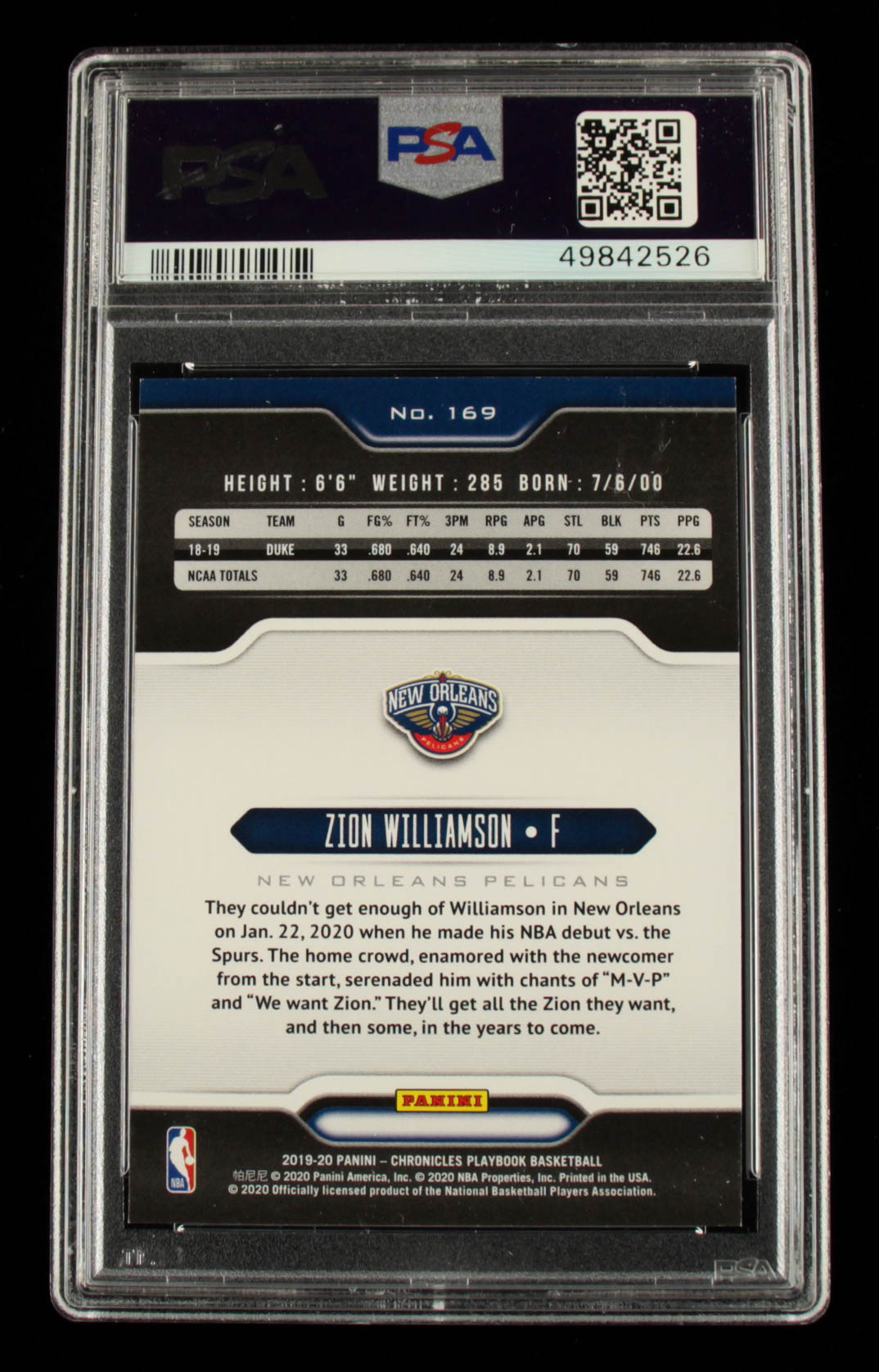 Zion Williamson 2019-20 Panini Chronicles #169 / Playbook (PSA 9) at PristineAuction.com Zion Williamson 2019-20 Panini Chronicles #169 / Playbook (PSA 9) at PristineAuction.com
