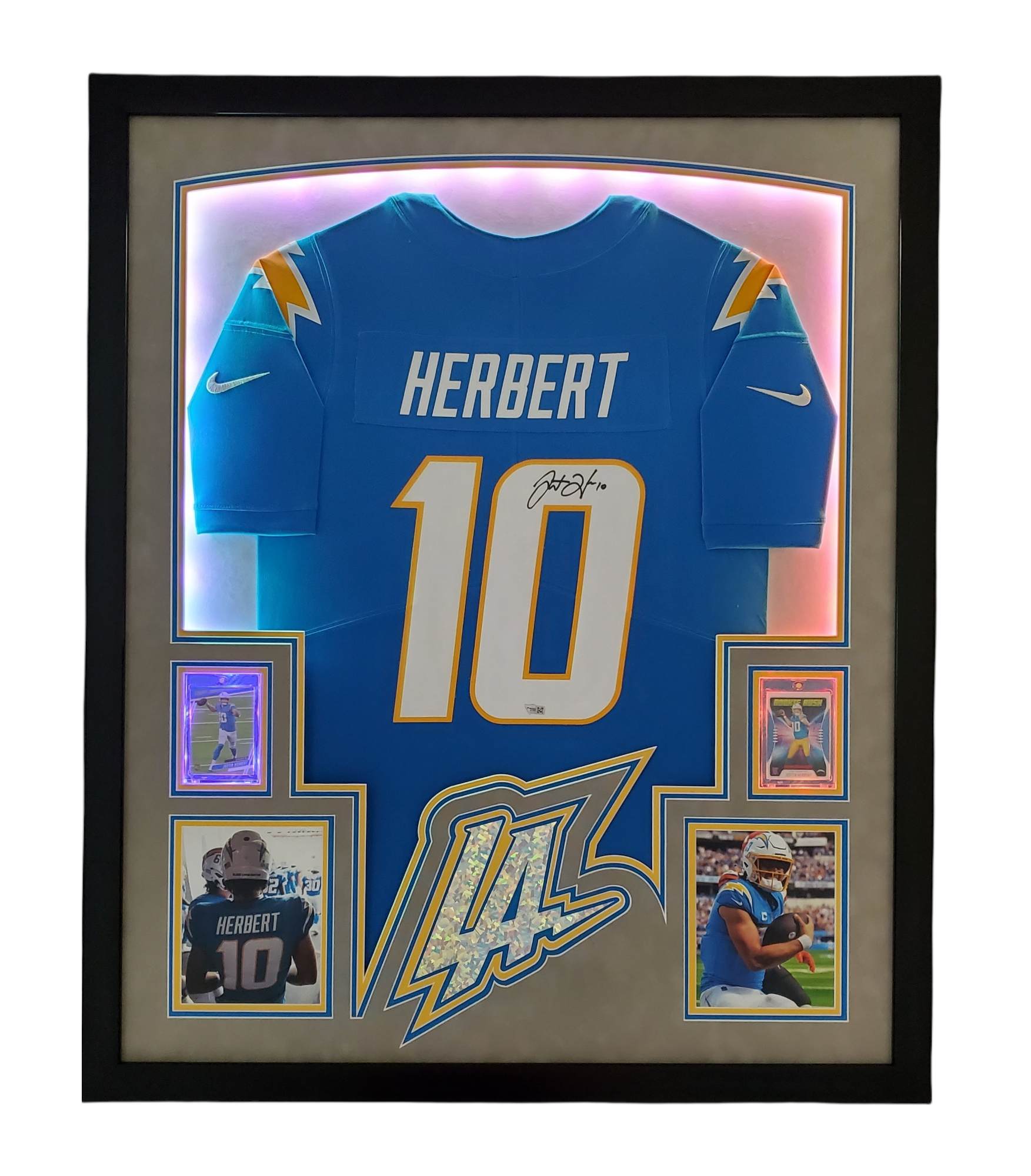 Justin Herbert Signed Chargers 35x43 Custom Framed LED-Backlit Jersey Display (Fanatics) at PristineAuction.com Justin Herbert Signed Chargers 35x43 Custom Framed LED-Backlit Jersey Display (Fanatics) at PristineAuction.com