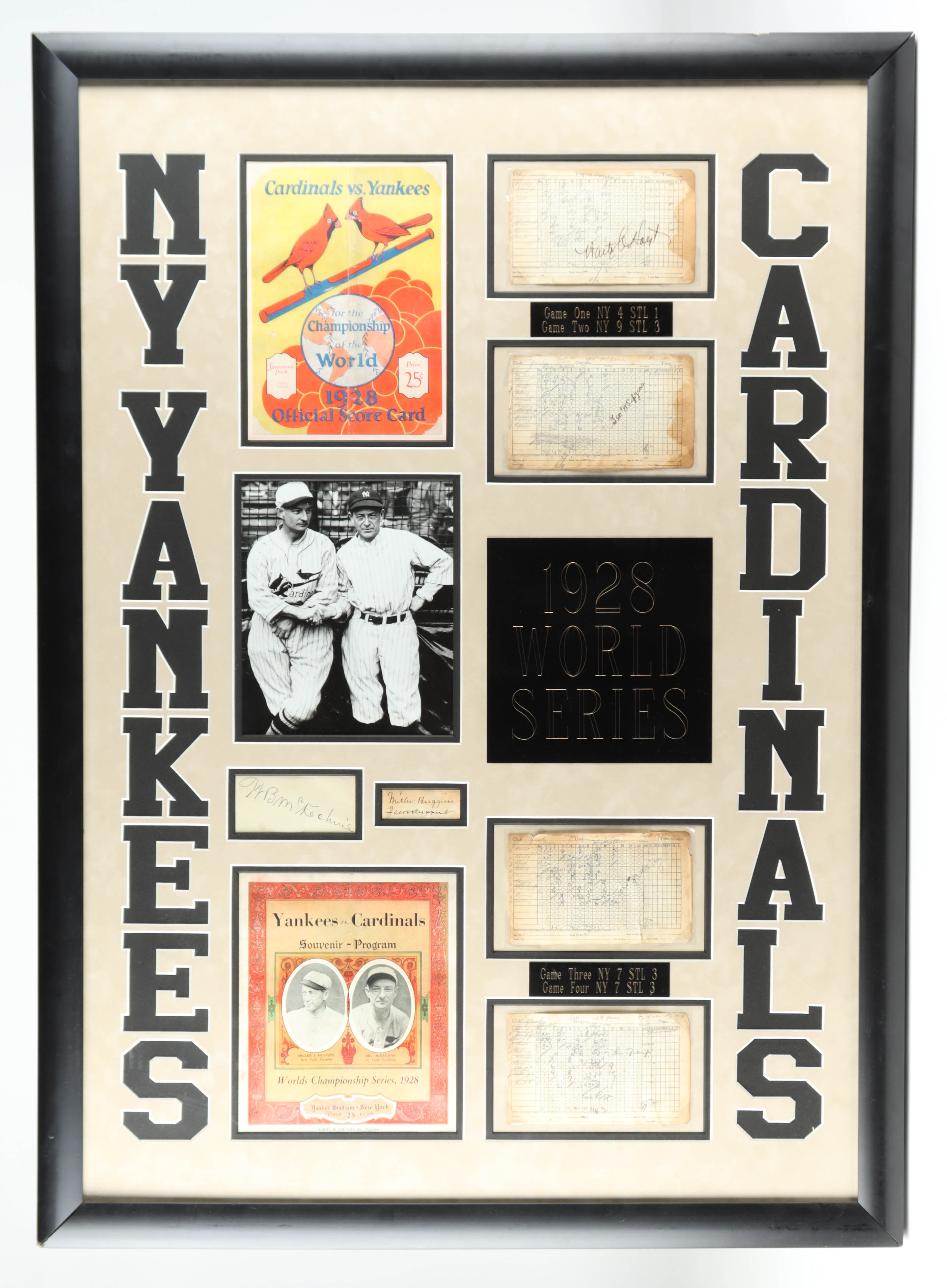 1928 World Series 31x43 Custom Score Card Display Signed by (7) Including Lou Gehrig, Miller Huggins, Waite Hoyt, Jacob Rupert (JSA LOA) at PristineAuction.com 1928 World Series 31x43 Custom Score Card Display Signed by (7) Including Lou Gehrig, Miller Huggins, Waite Hoyt, Jacob Rupert (JSA LOA) at PristineAuction.com