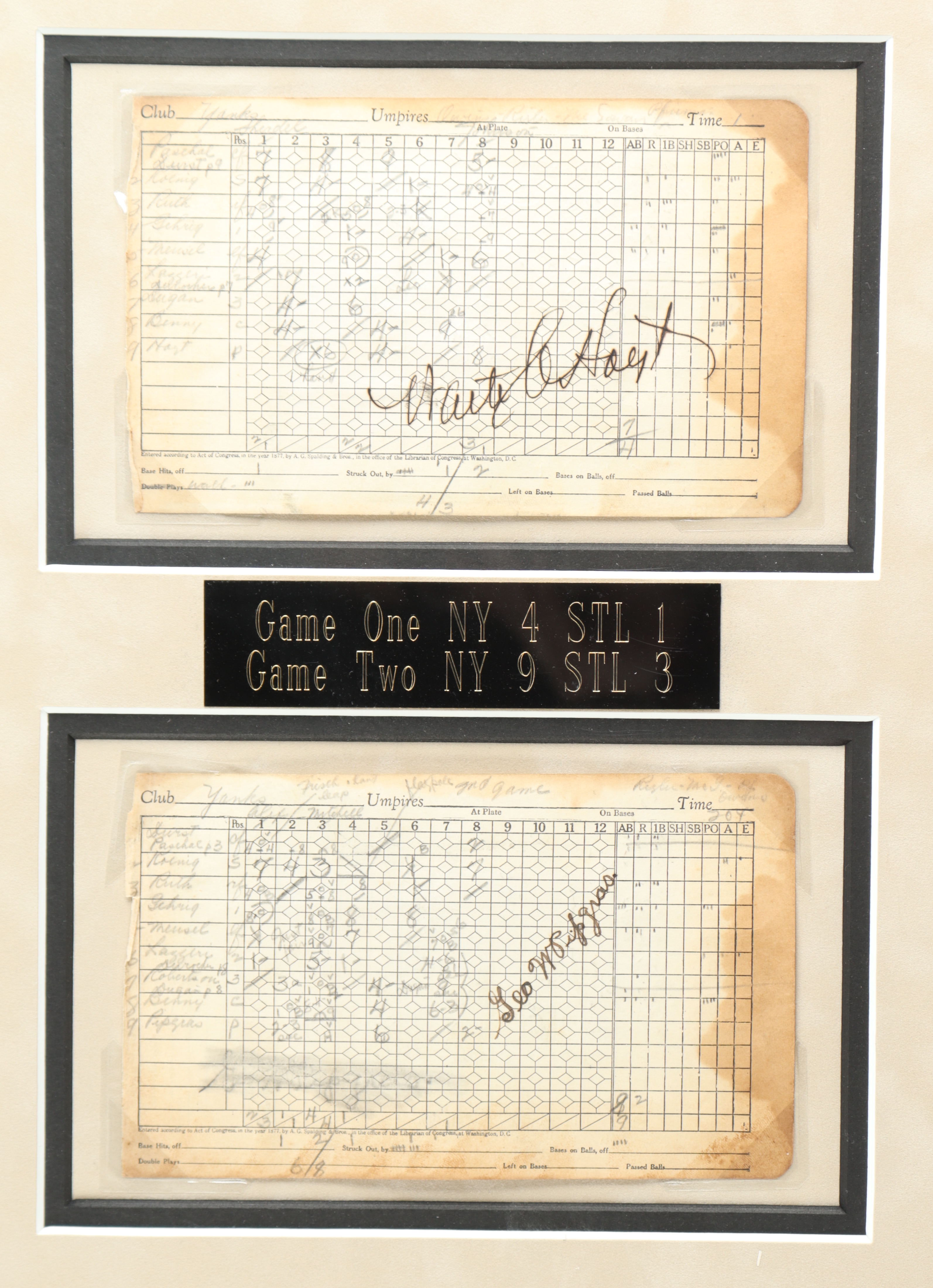 1928 World Series 31x43 Custom Score Card Display Signed by (7) Including Lou Gehrig, Miller Huggins, Waite Hoyt, Jacob Rupert (JSA LOA) at PristineAuction.com 1928 World Series 31x43 Custom Score Card Display Signed by (7) Including Lou Gehrig, Miller Huggins, Waite Hoyt, Jacob Rupert (JSA LOA) at PristineAuction.com