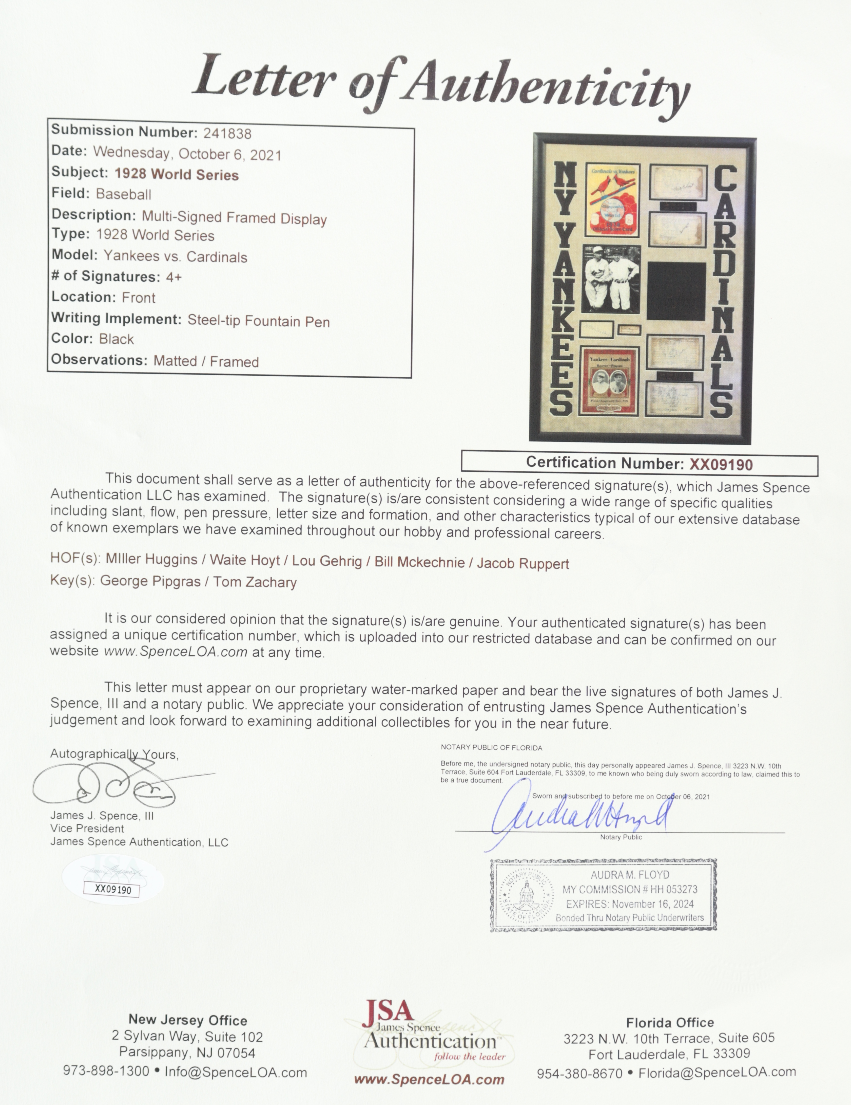 1928 World Series 31x43 Custom Score Card Display Signed by (7) Including Lou Gehrig, Miller Huggins, Waite Hoyt, Jacob Rupert (JSA LOA) at PristineAuction.com 1928 World Series 31x43 Custom Score Card Display Signed by (7) Including Lou Gehrig, Miller Huggins, Waite Hoyt, Jacob Rupert (JSA LOA) at PristineAuction.com