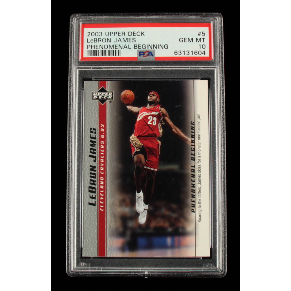 LeBron James 2003-04 Upper Deck Phenomenal Beginning LeBron James #5 / Soaring to the rafters (PSA 10) | Pristine Auction LeBron James 2003-04 Upper Deck Phenomenal Beginning LeBron James #5 / Soaring to the rafters (PSA 10) | Pristine Auction