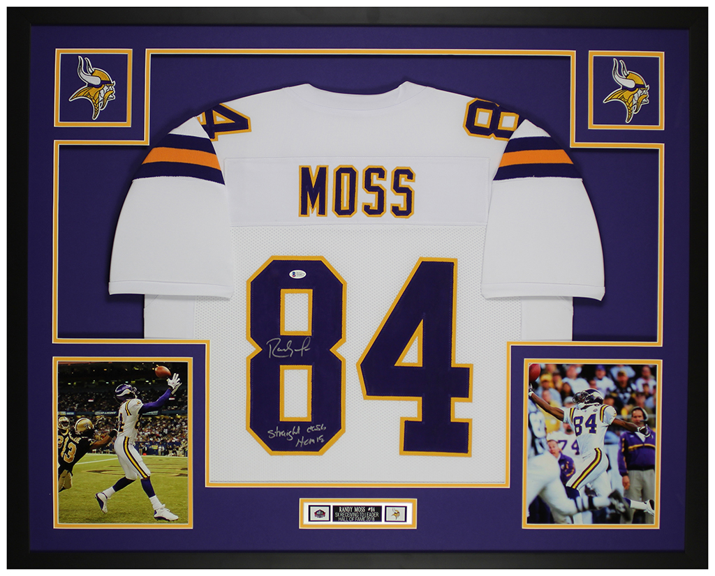 Randy Moss Signed 35x43 Custom Framed Jersey Display Inscribed "Straight Cash Homie" (Beckett) at PristineAuction.com Randy Moss Signed 35x43 Custom Framed Jersey Display Inscribed "Straight Cash Homie" (Beckett) at PristineAuction.com