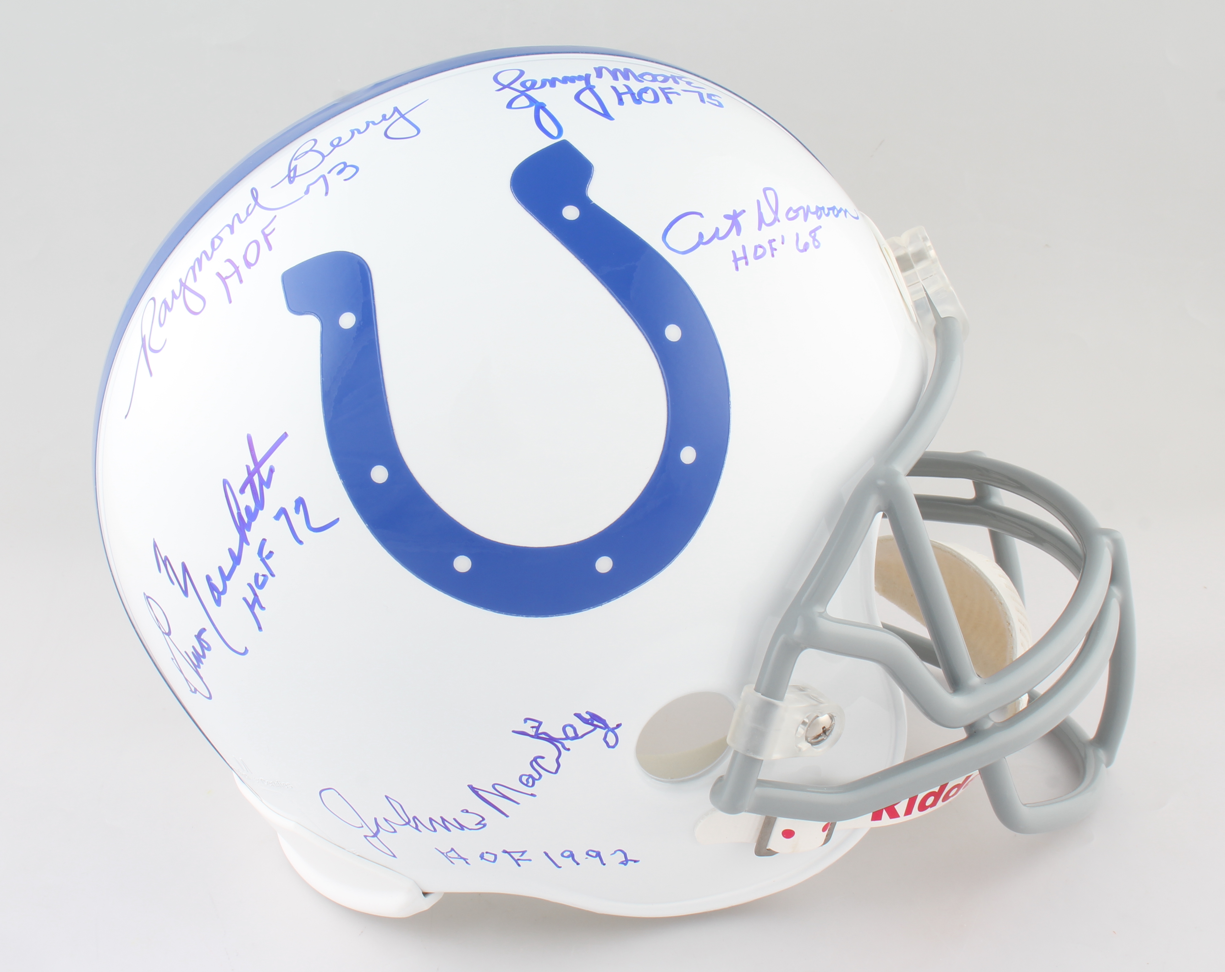 Colts Full-Size Helmet Signed by (5) with Raymond Berry, Lenny Moore, Art Donovan, Gino Marchetti with HOF Inscriptions (Schulte Hologram) at PristineAuction.com Colts Full-Size Helmet Signed by (5) with Raymond Berry, Lenny Moore, Art Donovan, Gino Marchetti with HOF Inscriptions (Schulte Hologram) at PristineAuction.com