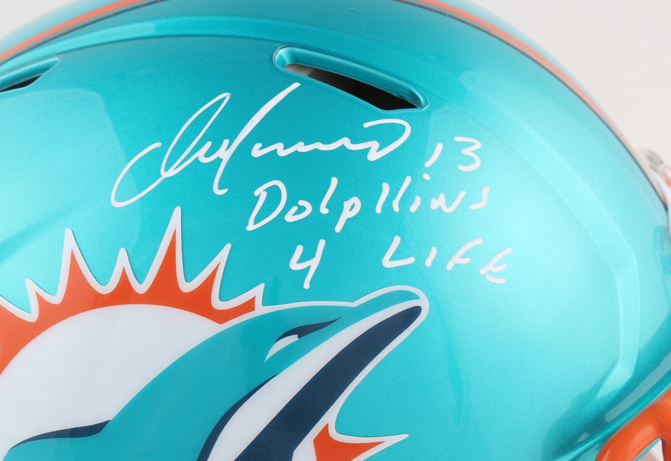 Dan Marino Signed Dolphins Full-Size Authentic On-Field Flash Alternate Speed Helmet Inscribed "Dolphins 4 Life" (JSA COA) at PristineAuction.com Dan Marino Signed Dolphins Full-Size Authentic On-Field Flash Alternate Speed Helmet Inscribed "Dolphins 4 Life" (JSA COA) at PristineAuction.com