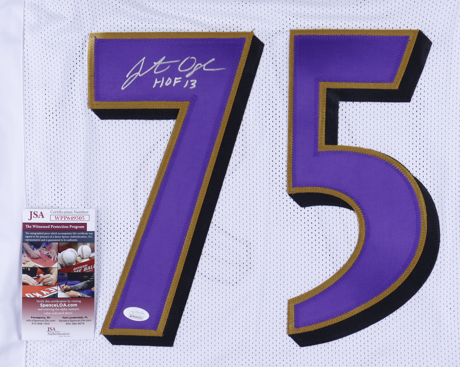 Jonathan Ogden Signed Career Highlight Stat Jersey Inscribed "HOF 13" (JSA) at PristineAuction.com Jonathan Ogden Signed Career Highlight Stat Jersey Inscribed "HOF 13" (JSA) at PristineAuction.com