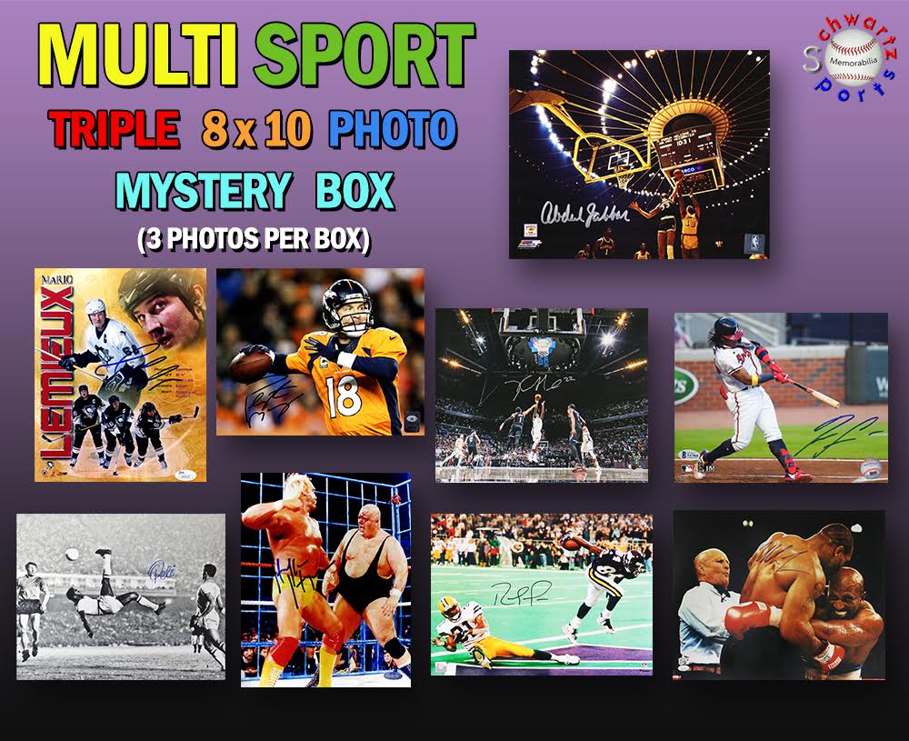 Schwartz Sports Multi-Sport Signed Triple 8x10 Mystery Photo Collection – Series 7 (3 Autographed 8x10 Photos Per Box) - *Tyson/Holyfield – Pele – Randy Moss 16x20 Redemptions!!!* at PristineAuction.com Schwartz Sports Multi-Sport Signed Triple 8x10 Mystery Photo Collection – Series 7 (3 Autographed 8x10 Photos Per Box) - *Tyson/Holyfield – Pele – Randy Moss 16x20 Redemptions!!!* at PristineAuction.com