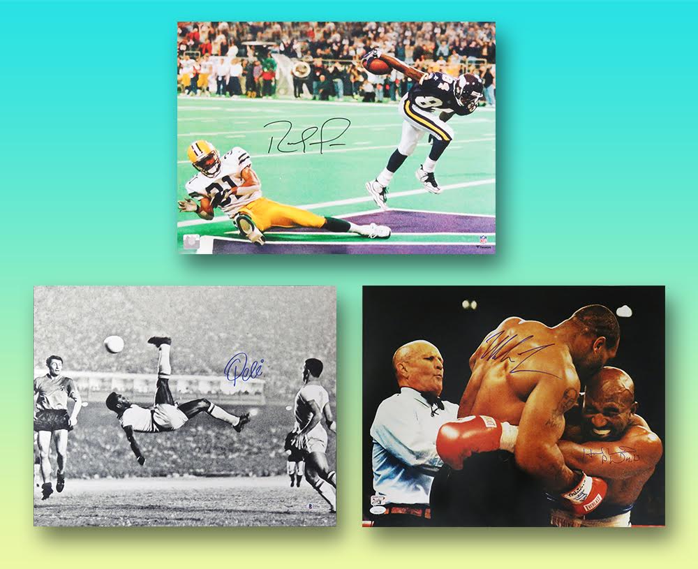 Schwartz Sports Multi-Sport Signed Triple 8x10 Mystery Photo Collection – Series 7 (3 Autographed 8x10 Photos Per Box) - *Tyson/Holyfield – Pele – Randy Moss 16x20 Redemptions!!!* at PristineAuction.com Schwartz Sports Multi-Sport Signed Triple 8x10 Mystery Photo Collection – Series 7 (3 Autographed 8x10 Photos Per Box) - *Tyson/Holyfield – Pele – Randy Moss 16x20 Redemptions!!!* at PristineAuction.com