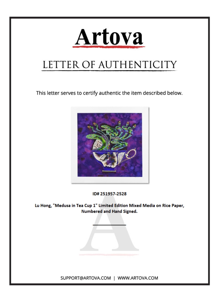 "Medusa in Tea Cup 1" LE 20x20 Mixed Media on Rice Paper by Lu Hong (Artova) at PristineAuction.com "Medusa in Tea Cup 1" LE 20x20 Mixed Media on Rice Paper by Lu Hong (Artova) at PristineAuction.com