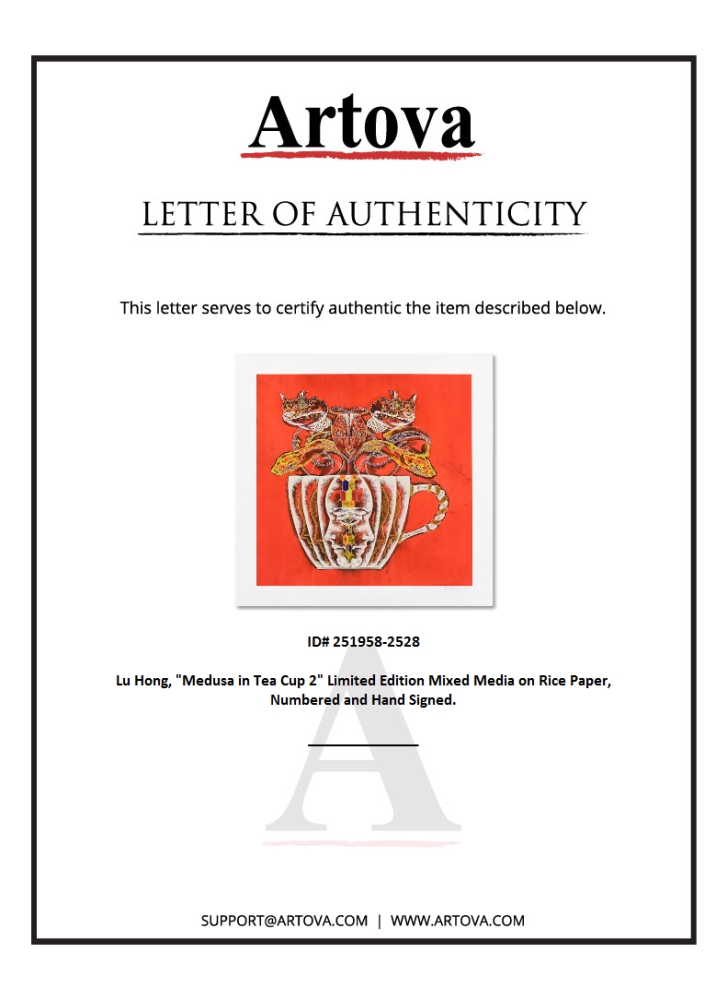 "Medusa in Tea Cup 2" LE 20x20 Mixed Media on Rice Paper by Lu Hong (Artova) at PristineAuction.com "Medusa in Tea Cup 2" LE 20x20 Mixed Media on Rice Paper by Lu Hong (Artova) at PristineAuction.com