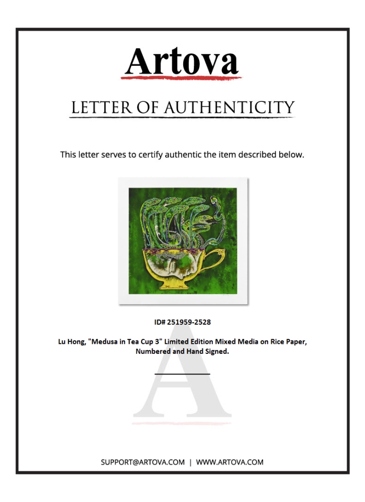 "Medusa in Tea Cup 3" LE 20x20 Mixed Media on Rice Paper by Lu Hong (Artova) at PristineAuction.com "Medusa in Tea Cup 3" LE 20x20 Mixed Media on Rice Paper by Lu Hong (Artova) at PristineAuction.com