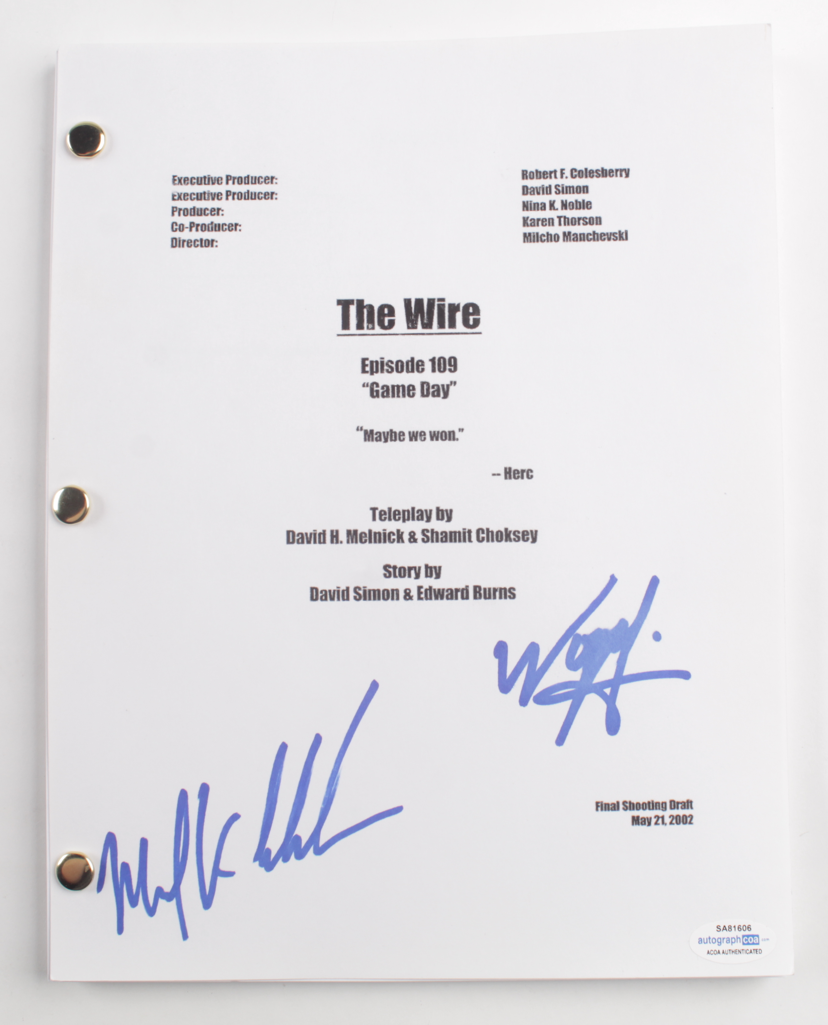 Wood Harris & Michael K. Williams Signed "The Wire" Movie Script (ACOA Hologram) at PristineAuction.com Wood Harris & Michael K. Williams Signed "The Wire" Movie Script (ACOA Hologram) at PristineAuction.com