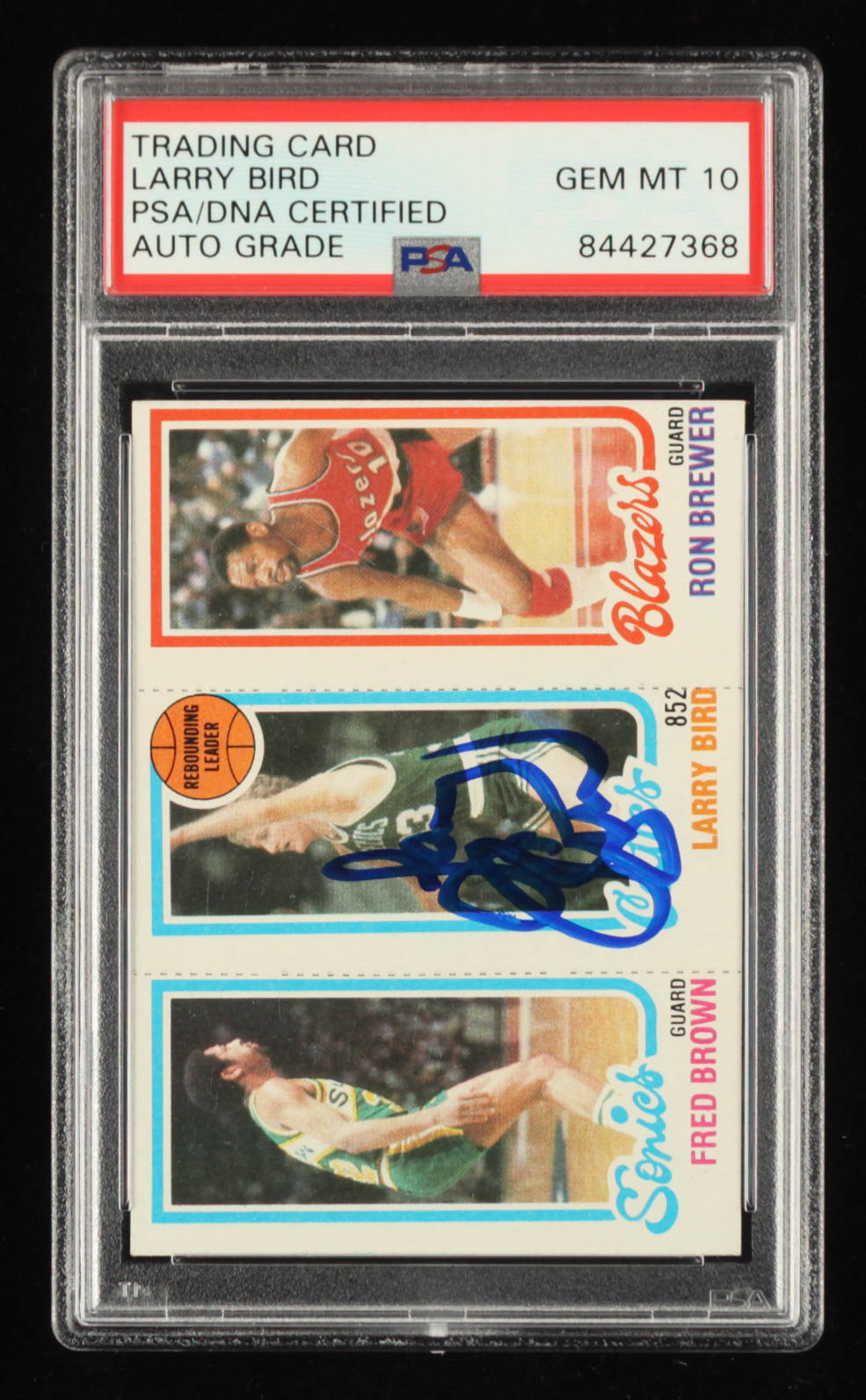 Larry Bird Signed 1980-81 Topps #165 228 Fred Brown / 31 Larry Bird TL / 198 Ron Brewer (PSA Encapsulated) at PristineAuction.com Larry Bird Signed 1980-81 Topps #165 228 Fred Brown / 31 Larry Bird TL / 198 Ron Brewer (PSA Encapsulated) at PristineAuction.com