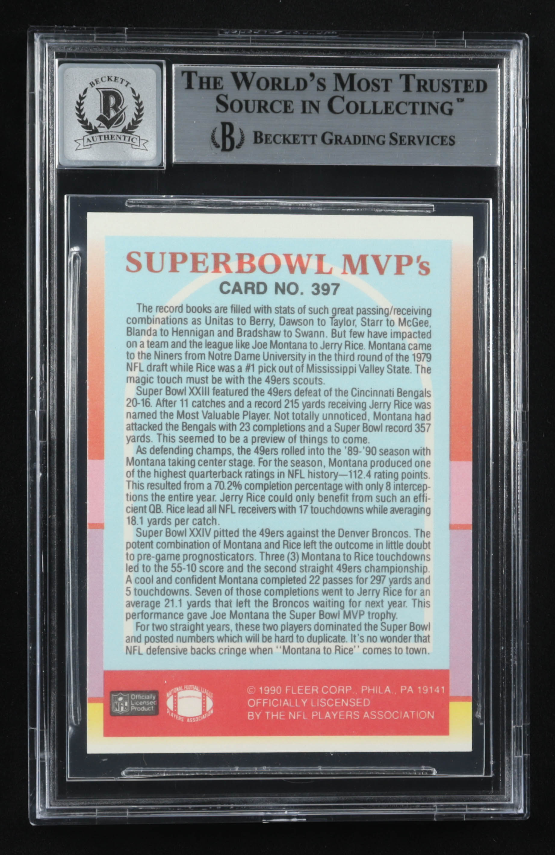 Jerry Rice & Joe Montana Signed 1990 Fleer #397 Super Bowl MVP's (BGS Encapsulated) at PristineAuction.com Jerry Rice & Joe Montana Signed 1990 Fleer #397 Super Bowl MVP's (BGS Encapsulated) at PristineAuction.com
