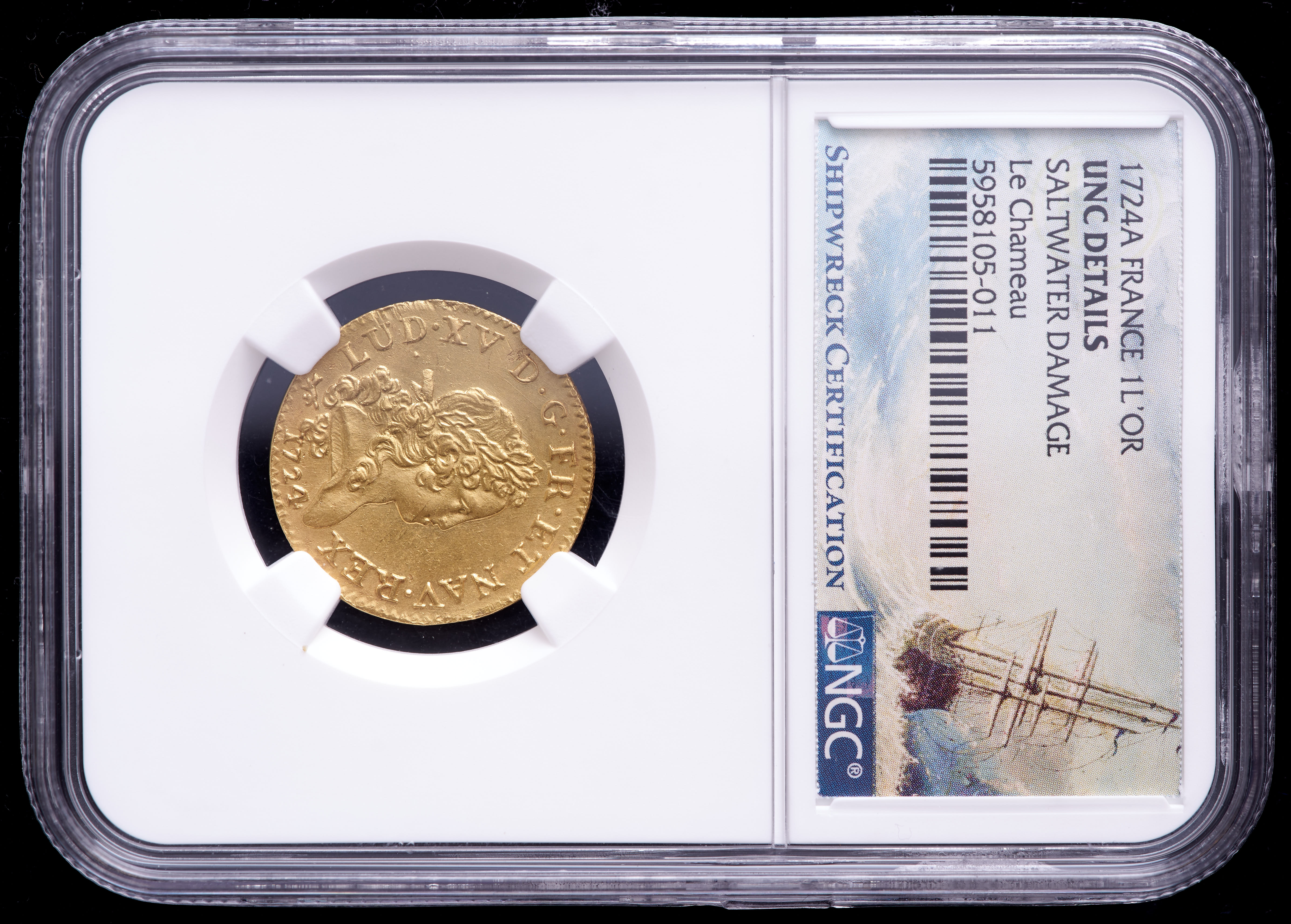 Le Chameau Shipwreck 1724-A France 1 Louis D'or Gold Coin (NGC UNC Details) at PristineAuction.com Le Chameau Shipwreck 1724-A France 1 Louis D'or Gold Coin (NGC UNC Details) at PristineAuction.com