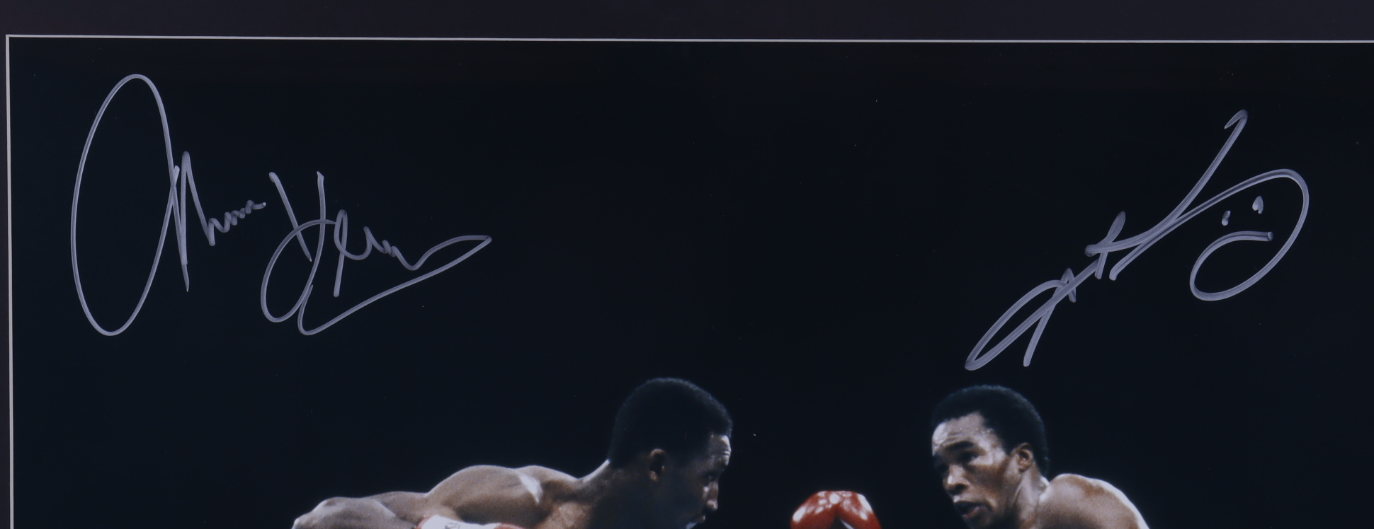 Sugar Ray Leonard & Thomas Hearns Signed 20x28 Custom Framed Photo Display with Original Caesar's Palace Fight Ticket (Beckett Hologram) at PristineAuction.com Sugar Ray Leonard & Thomas Hearns Signed 20x28 Custom Framed Photo Display with Original Caesar's Palace Fight Ticket (Beckett Hologram) at PristineAuction.com