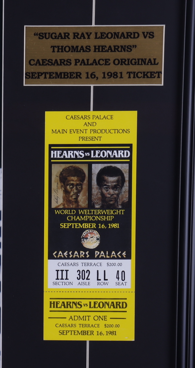 Sugar Ray Leonard & Thomas Hearns Signed 20x28 Custom Framed Photo Display with Original Caesar's Palace Fight Ticket (Beckett Hologram) at PristineAuction.com Sugar Ray Leonard & Thomas Hearns Signed 20x28 Custom Framed Photo Display with Original Caesar's Palace Fight Ticket (Beckett Hologram) at PristineAuction.com