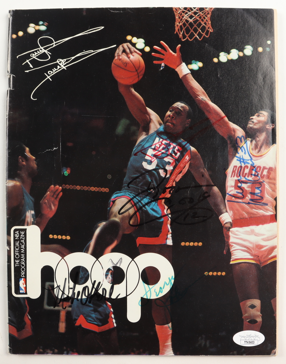 1984-85 Hoops: The Official NBA Program Magazine Signed By (5) with Darryl Dawkins, George Johnson, Mike O'Koren, Darwin Cook (JSA) at PristineAuction.com 1984-85 Hoops: The Official NBA Program Magazine Signed By (5) with Darryl Dawkins, George Johnson, Mike O'Koren, Darwin Cook (JSA) at PristineAuction.com
