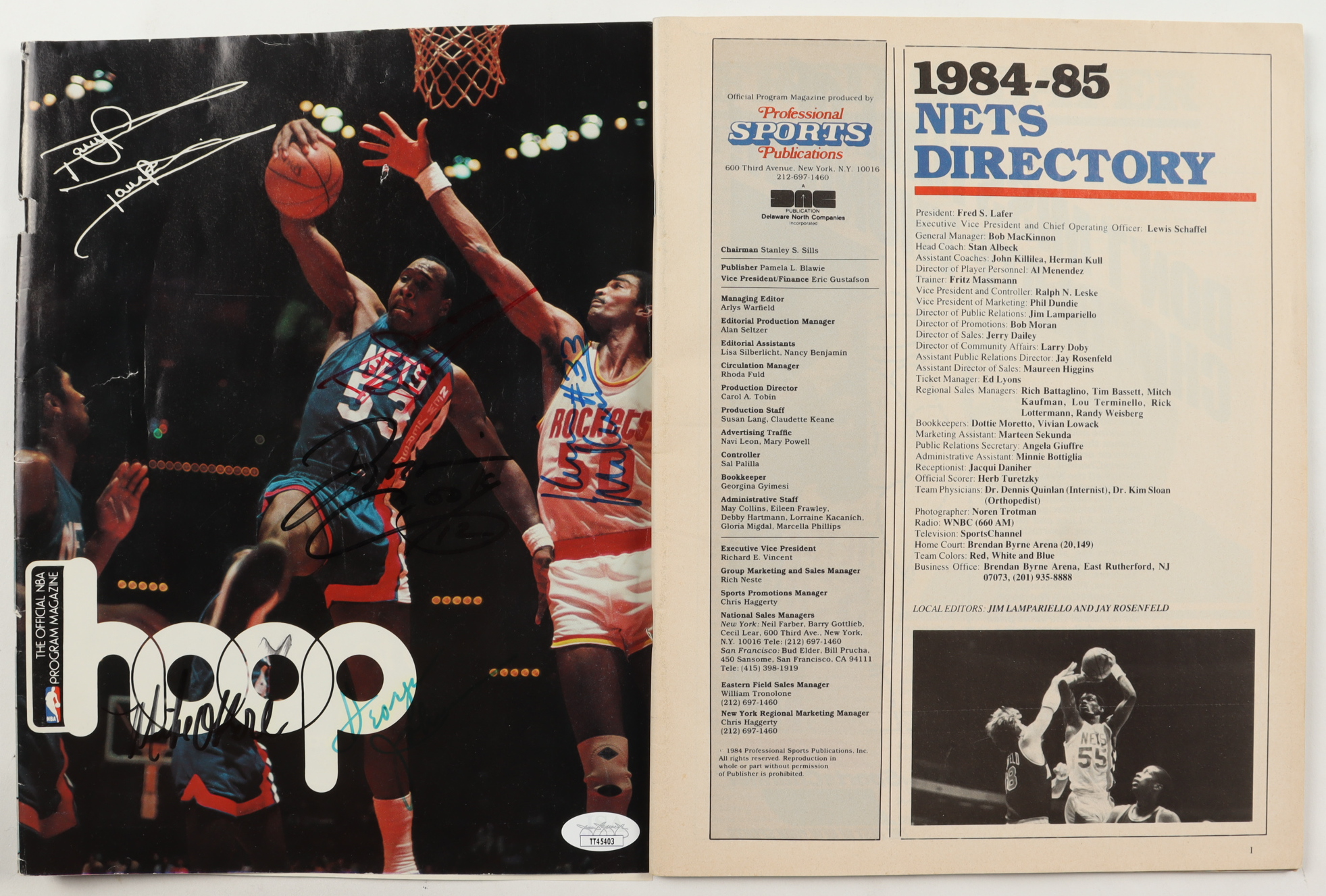 1984-85 Hoops: The Official NBA Program Magazine Signed By (5) with Darryl Dawkins, George Johnson, Mike O'Koren, Darwin Cook (JSA) at PristineAuction.com 1984-85 Hoops: The Official NBA Program Magazine Signed By (5) with Darryl Dawkins, George Johnson, Mike O'Koren, Darwin Cook (JSA) at PristineAuction.com