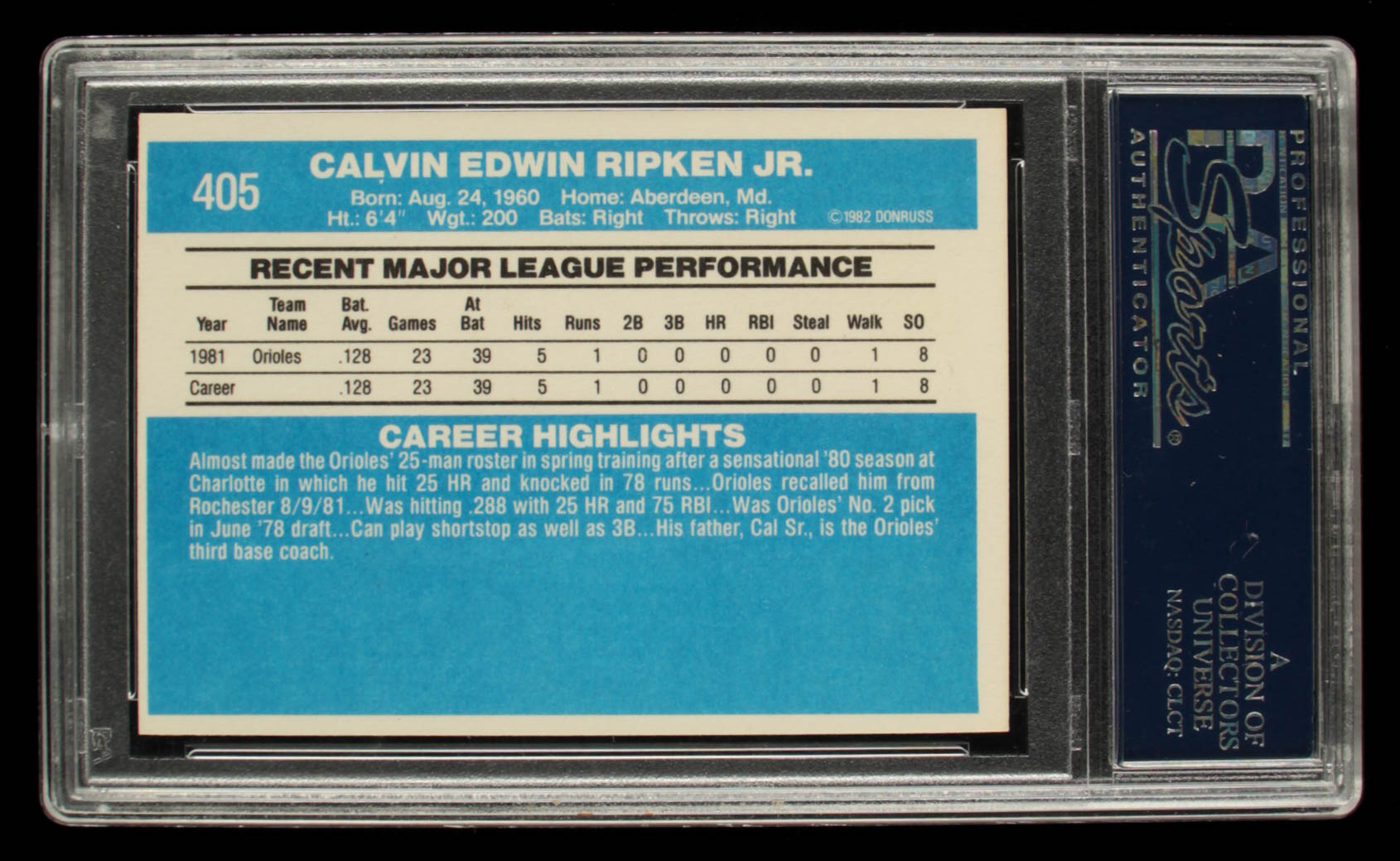 Cal Ripken Jr. Signed 1982 Donruss #405 RC (PSA Encapsulated ...