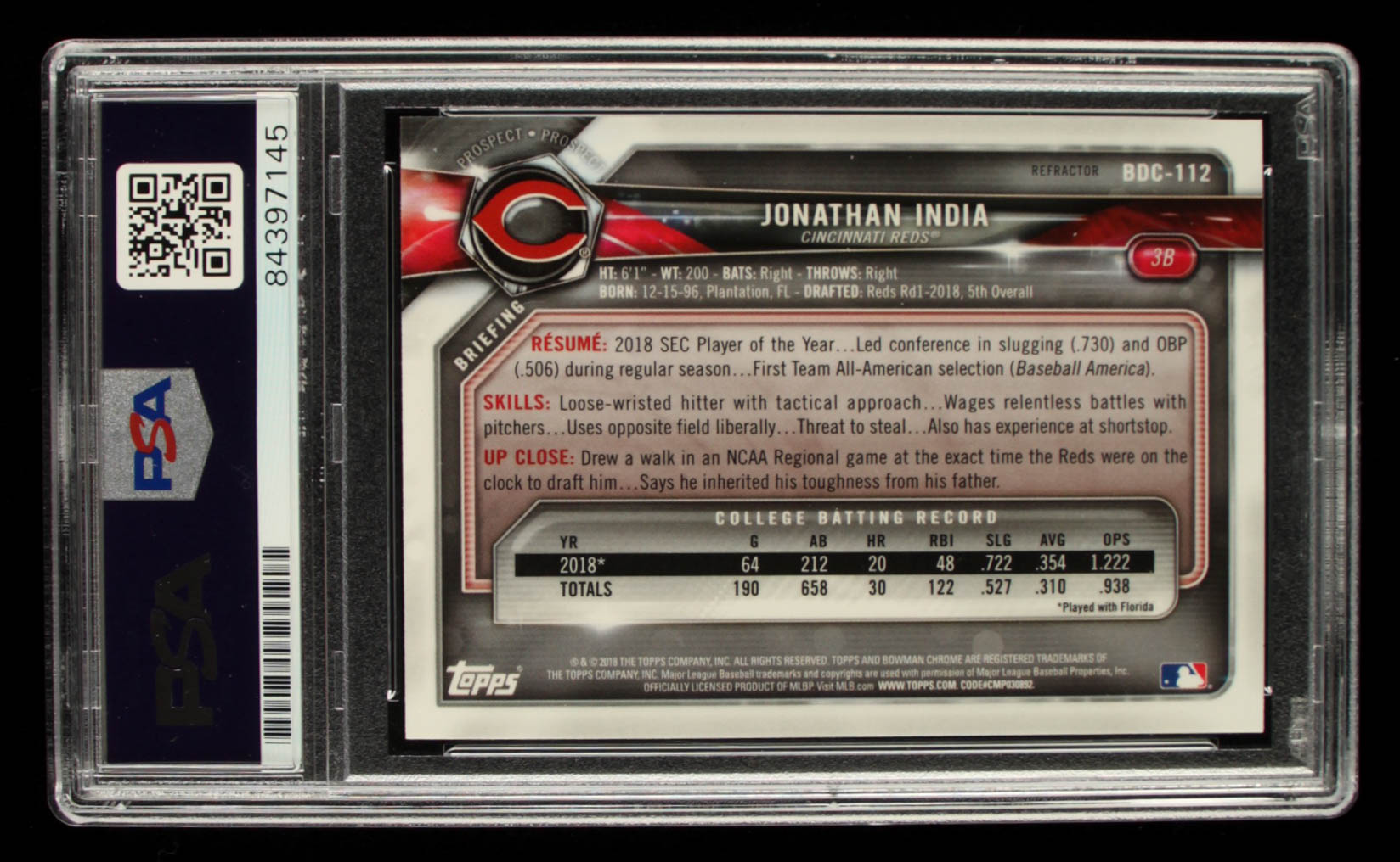 Jonathan India Signed 2018 Bowman Chrome Draft Refractors #BDC112 (PSA Encapsulated) at PristineAuction.com Jonathan India Signed 2018 Bowman Chrome Draft Refractors #BDC112 (PSA Encapsulated) at PristineAuction.com