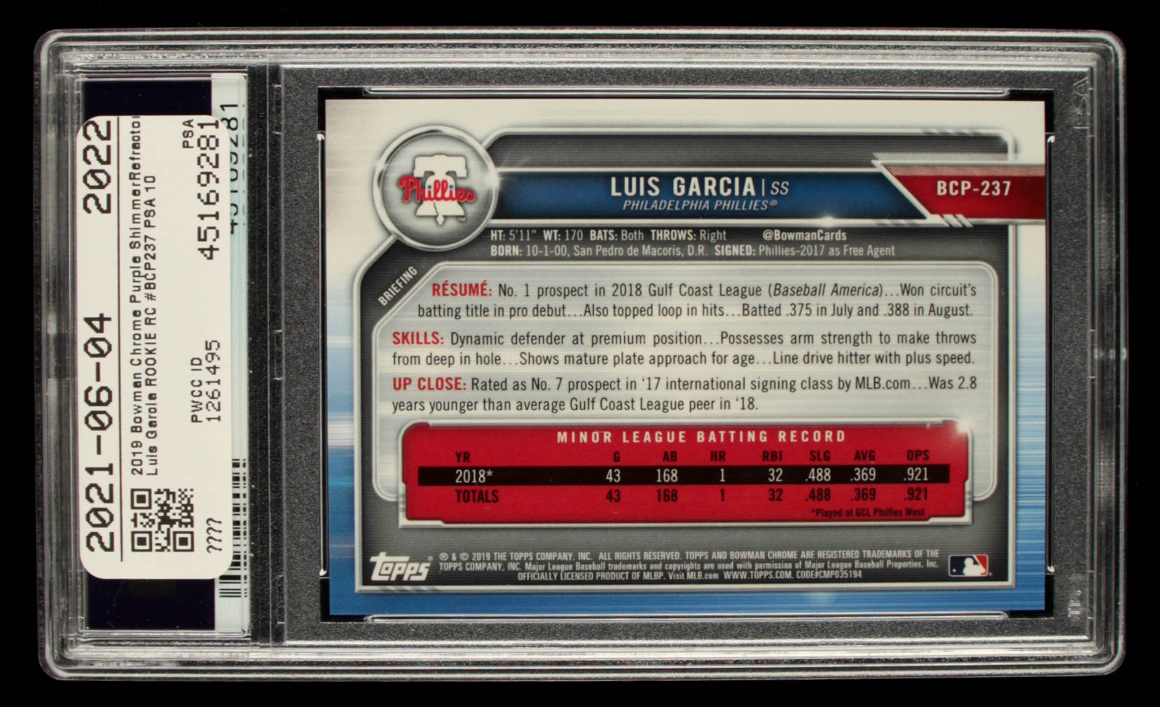 Luis Garcia 2019 Bowman Chrome Prospects Purple Shimmer Refractors #BCP237 (PSA 10) at PristineAuction.com Luis Garcia 2019 Bowman Chrome Prospects Purple Shimmer Refractors #BCP237 (PSA 10) at PristineAuction.com