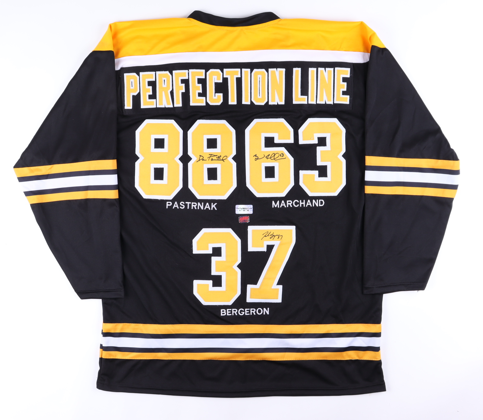 Brad Marchand, Patrice Bergeron & David Pastrnak Signed Jersey (The Perfection Line & Your Sports Memorabilia) at PristineAuction.com Brad Marchand, Patrice Bergeron & David Pastrnak Signed Jersey (The Perfection Line & Your Sports Memorabilia) at PristineAuction.com