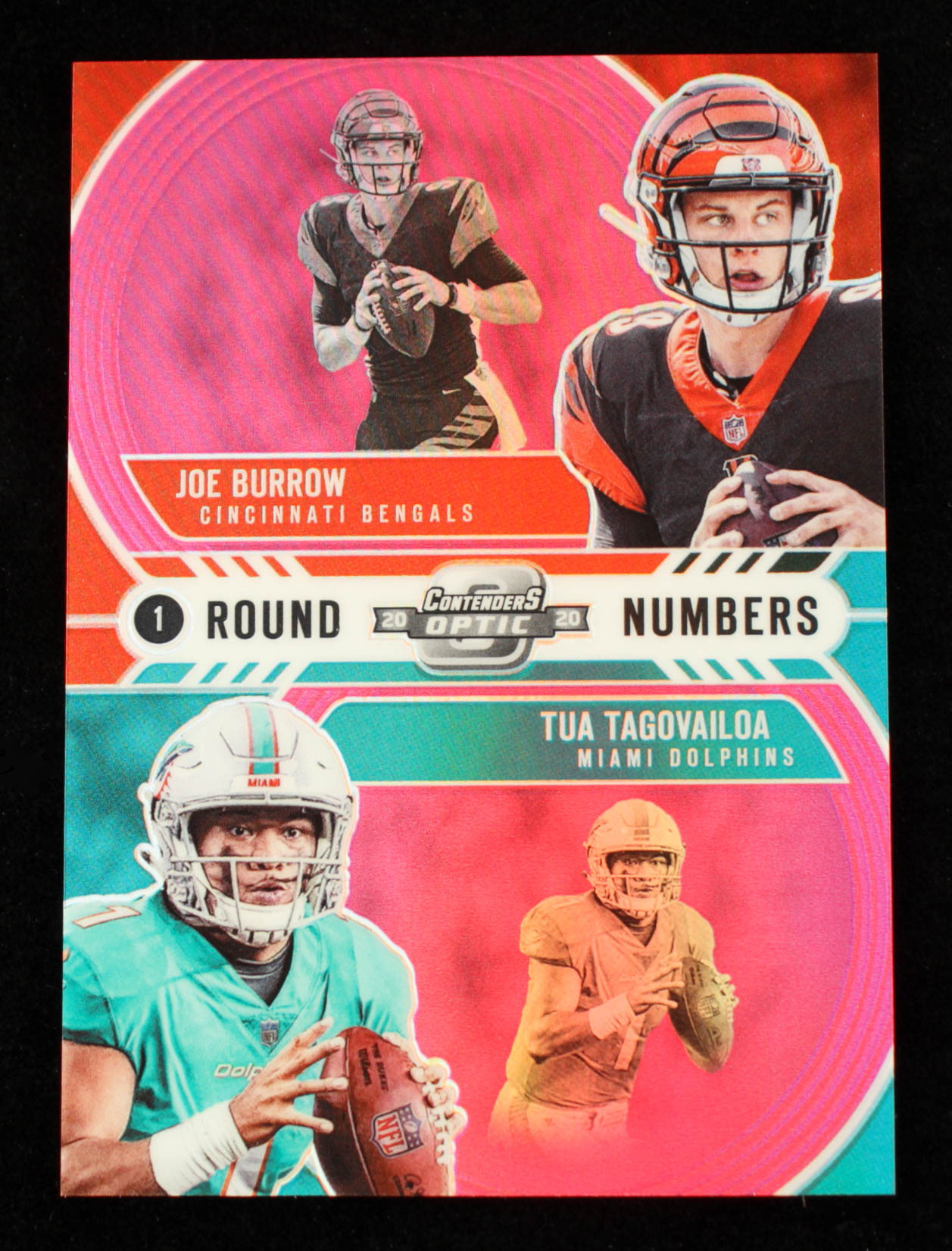 Joe Burrow / Tua Tagovailoa 2020 Panini Contenders Optic Round Numbers Pink #1 #52/75 at PristineAuction.com Joe Burrow / Tua Tagovailoa 2020 Panini Contenders Optic Round Numbers Pink #1 #52/75 at PristineAuction.com