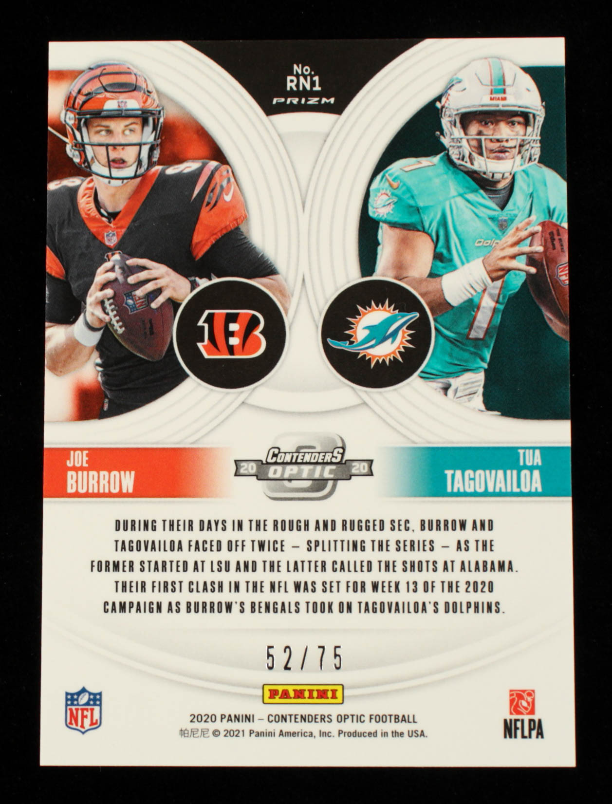 Joe Burrow / Tua Tagovailoa 2020 Panini Contenders Optic Round Numbers Pink #1 #52/75 at PristineAuction.com Joe Burrow / Tua Tagovailoa 2020 Panini Contenders Optic Round Numbers Pink #1 #52/75 at PristineAuction.com