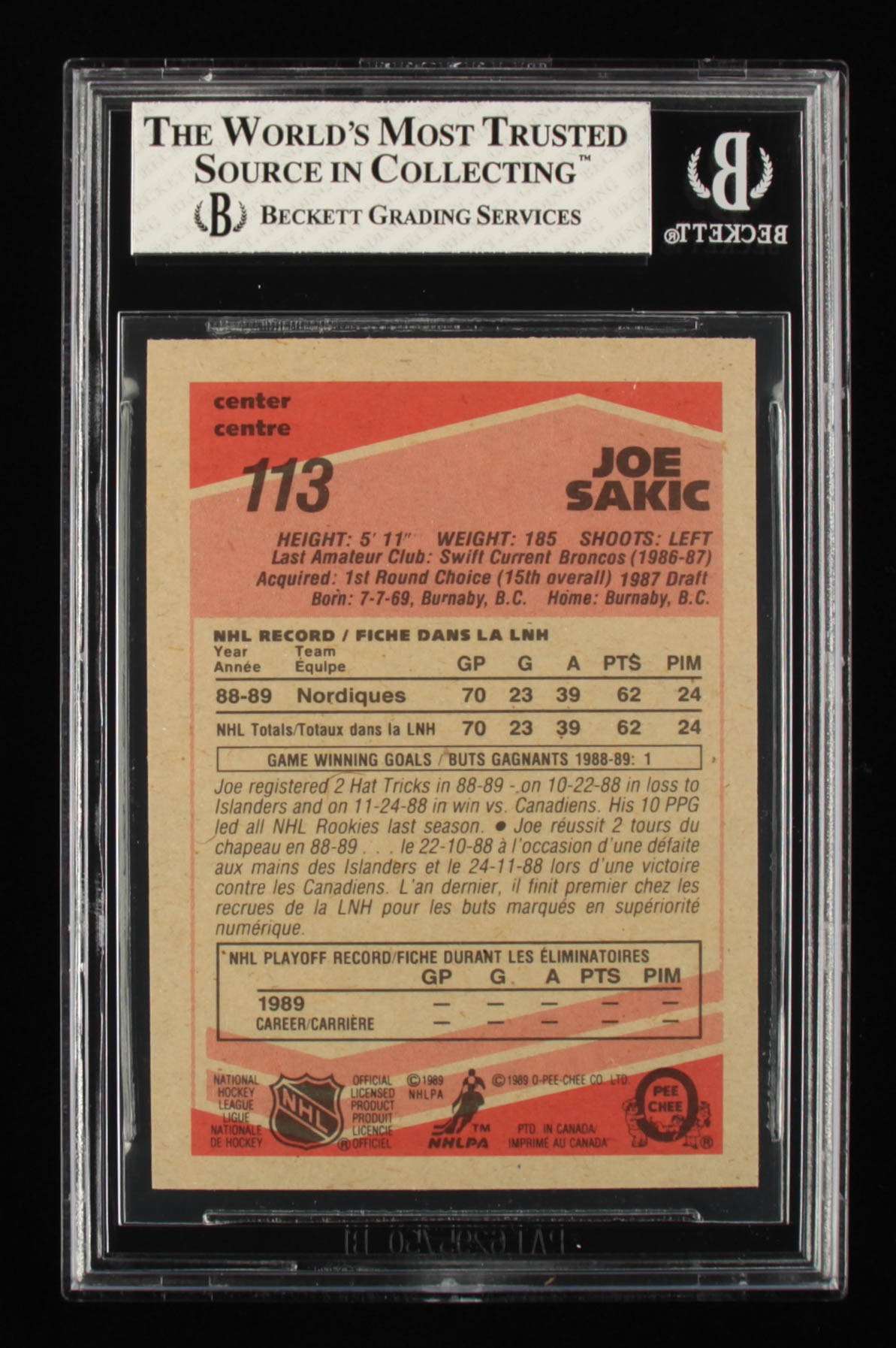Joe Sakic 1989-90 O-Pee-Chee #113 RC (BGS 8) at PristineAuction.com Joe Sakic 1989-90 O-Pee-Chee #113 RC (BGS 8) at PristineAuction.com