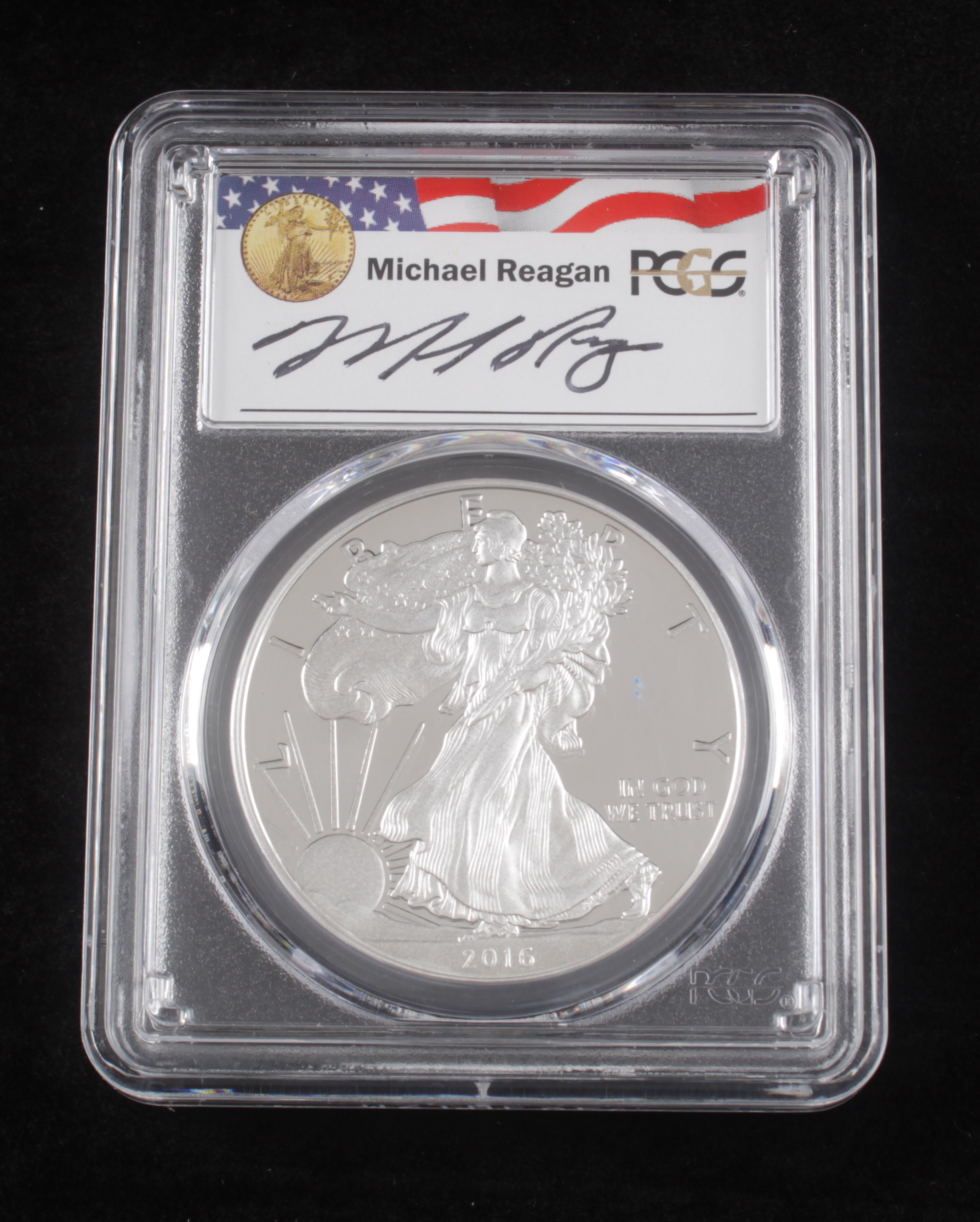 2016-W American Silver Eagle $1 One Dollar Coin - Michael Reagan Signature Label (PCGS PR70DCAM) at PristineAuction.com 2016-W American Silver Eagle $1 One Dollar Coin - Michael Reagan Signature Label (PCGS PR70DCAM) at PristineAuction.com