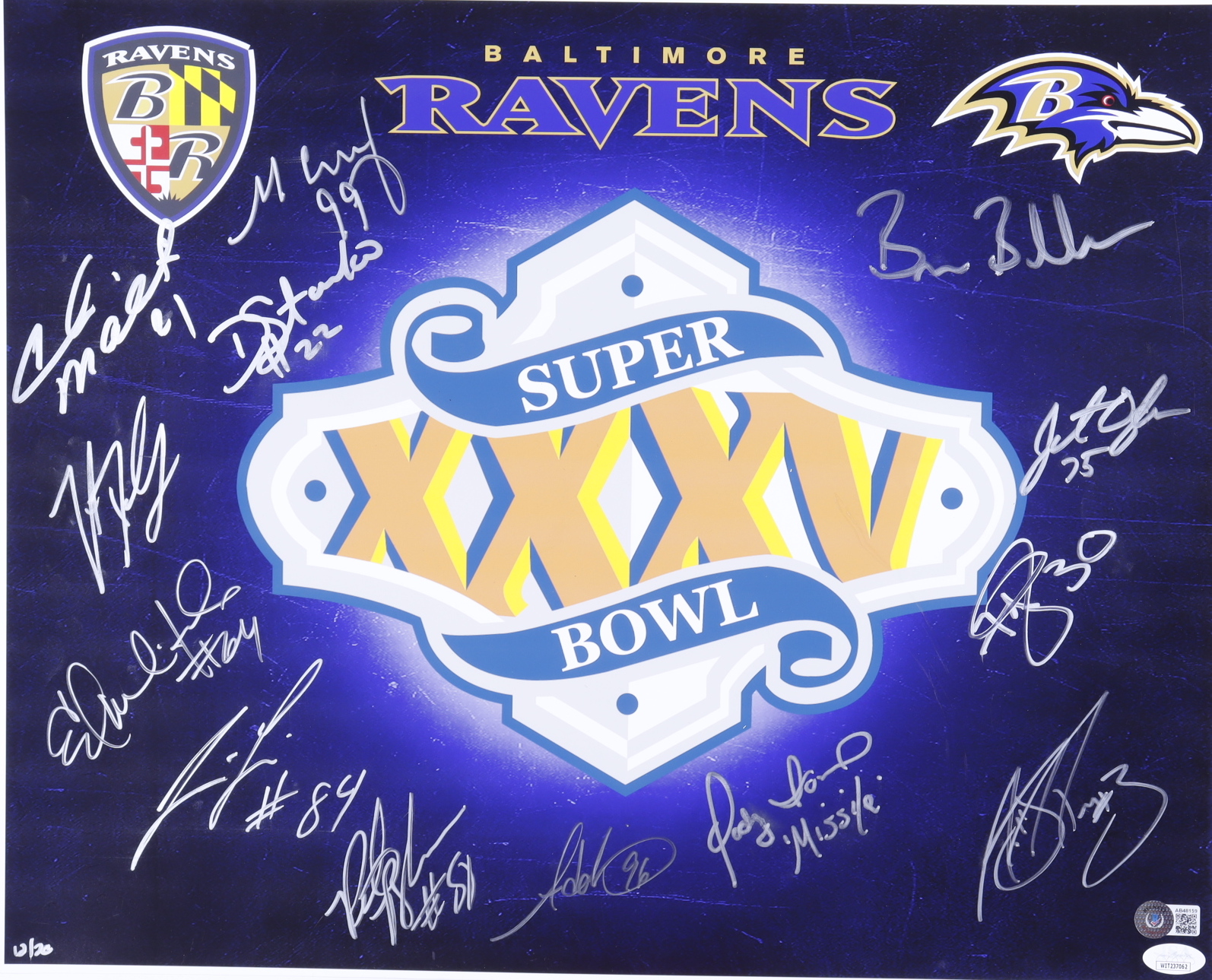 Ravens 2001 Super Bowl XXXV Championship Team-Signed LE 16x20 Photo with (13) Signatures Including Trent Dilfer, Jonathan Ogden, Jermaine Lewis, Qadry Ismail (Beckett LOA & JSA COA) at PristineAuction.com Ravens 2001 Super Bowl XXXV Championship Team-Signed LE 16x20 Photo with (13) Signatures Including Trent Dilfer, Jonathan Ogden, Jermaine Lewis, Qadry Ismail (Beckett LOA & JSA COA) at PristineAuction.com