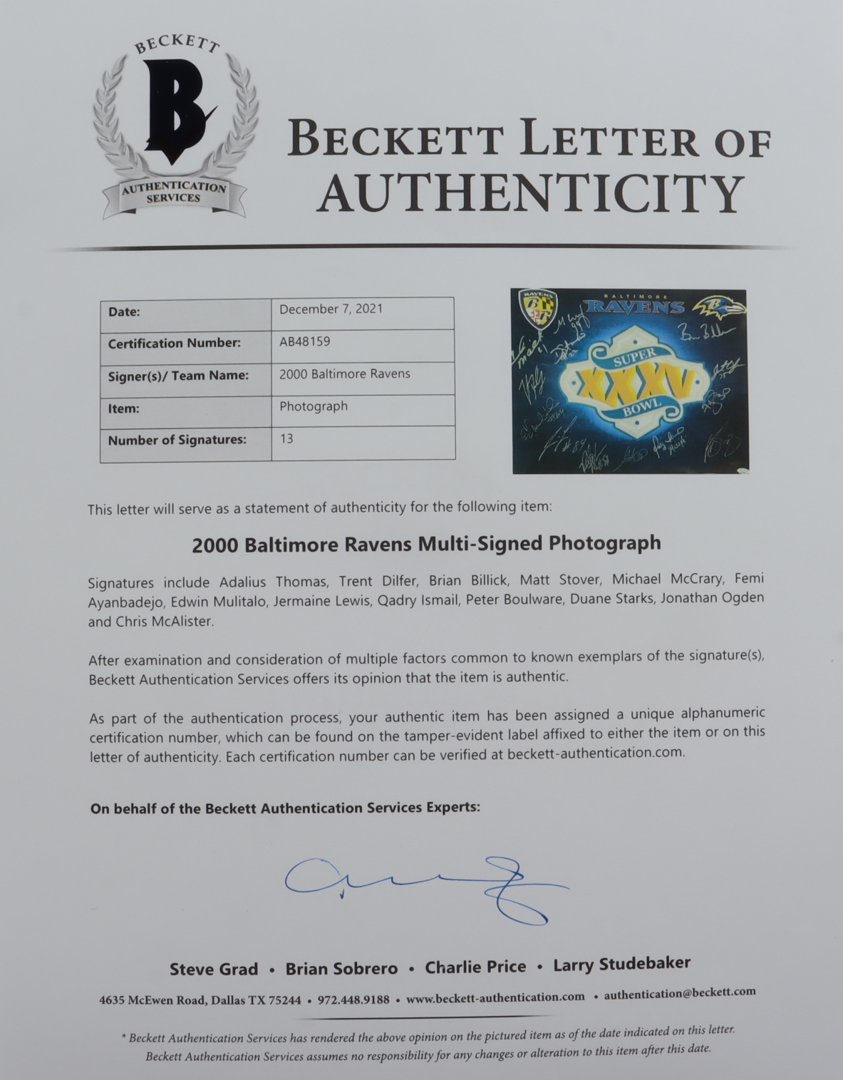 Ravens 2001 Super Bowl XXXV Championship Team-Signed LE 16x20 Photo with (13) Signatures Including Trent Dilfer, Jonathan Ogden, Jermaine Lewis, Qadry Ismail (Beckett LOA & JSA COA) at PristineAuction.com Ravens 2001 Super Bowl XXXV Championship Team-Signed LE 16x20 Photo with (13) Signatures Including Trent Dilfer, Jonathan Ogden, Jermaine Lewis, Qadry Ismail (Beckett LOA & JSA COA) at PristineAuction.com