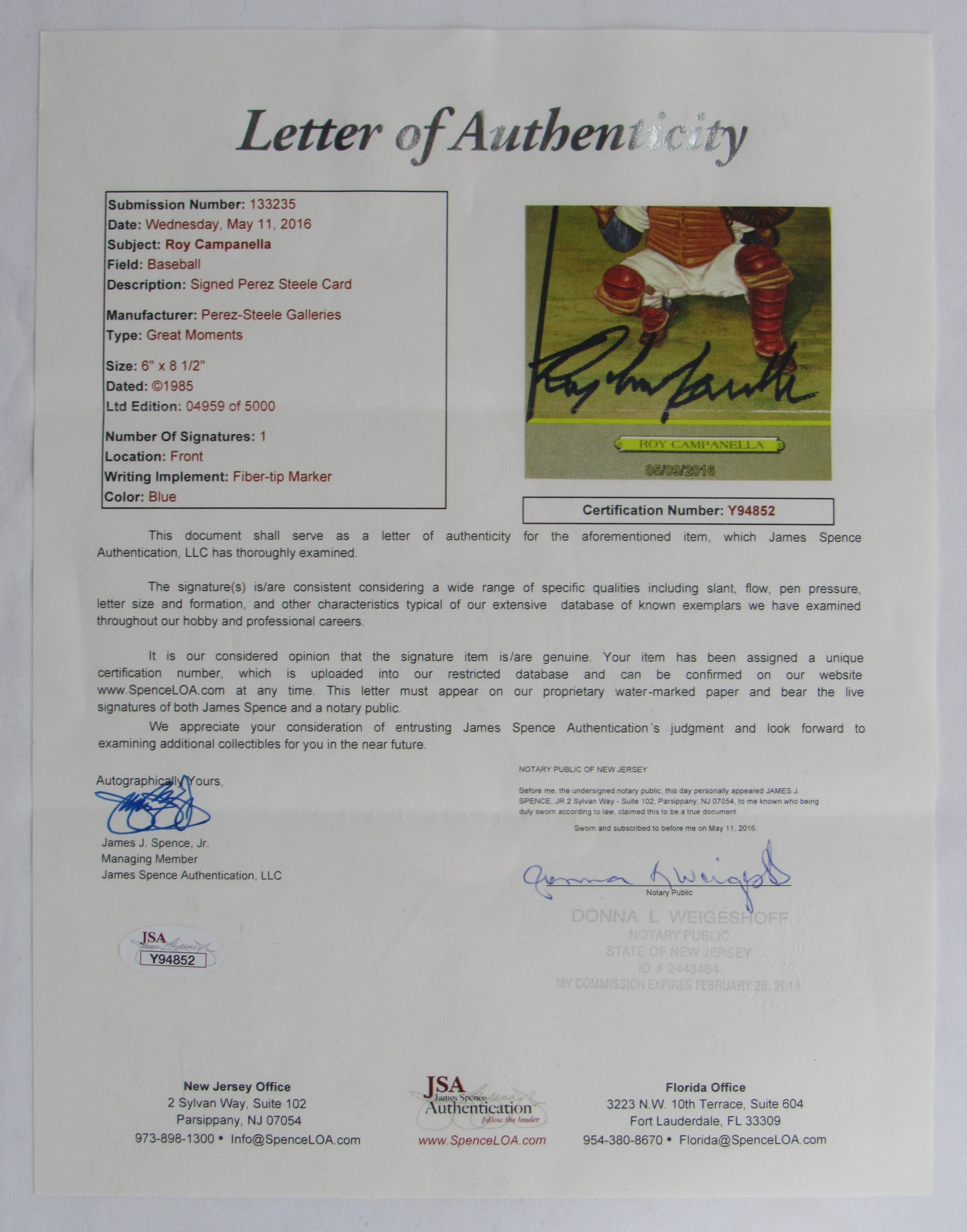 Roy Campanella Signed Dodgers 18x22 Custom Framed Perez Steele Great Moments Card Display (JSA LOA) at PristineAuction.com Roy Campanella Signed Dodgers 18x22 Custom Framed Perez Steele Great Moments Card Display (JSA LOA) at PristineAuction.com