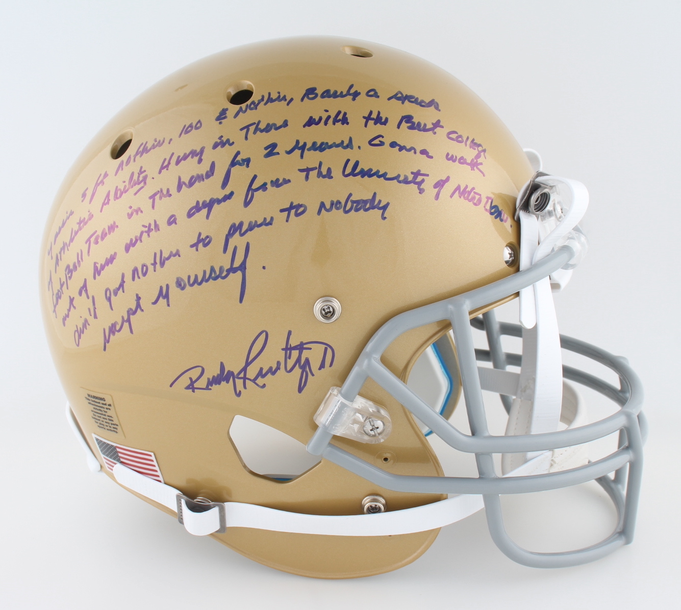Rudy Ruettiger Twice-Signed Notre Dame Fighting Irish Full-Size Helmet with Extensive Inscription (JSA COA & Ruettiger Hologram) at PristineAuction.com Rudy Ruettiger Twice-Signed Notre Dame Fighting Irish Full-Size Helmet with Extensive Inscription (JSA COA & Ruettiger Hologram) at PristineAuction.com