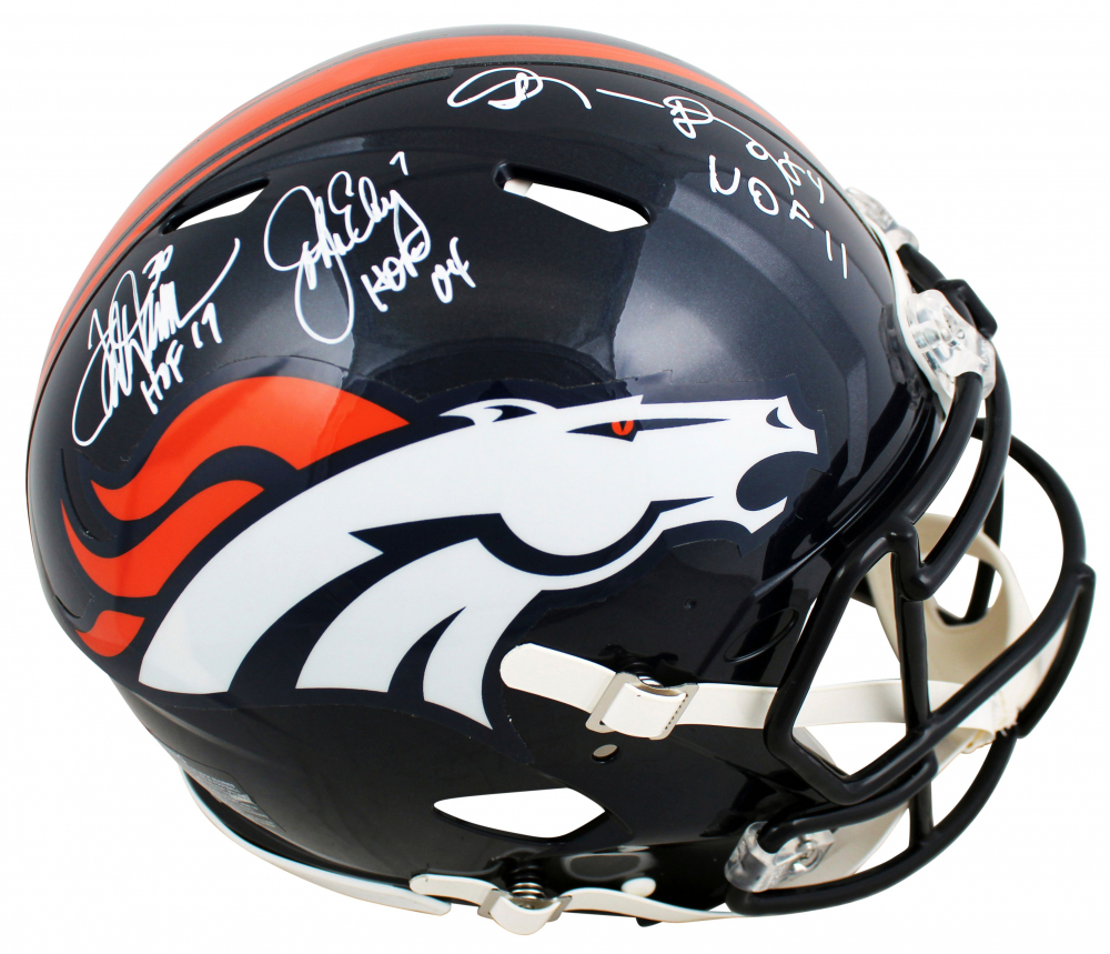 John Elway, Shannon Sharpe & Terrell Davis Signed Broncos Full-Size Authentic On-Field Speed Helmet Inscribed "HOF 04", "HOF 11", & "HOF 17" (Beckett) at PristineAuction.com John Elway, Shannon Sharpe & Terrell Davis Signed Broncos Full-Size Authentic On-Field Speed Helmet Inscribed "HOF 04", "HOF 11", & "HOF 17" (Beckett) at PristineAuction.com