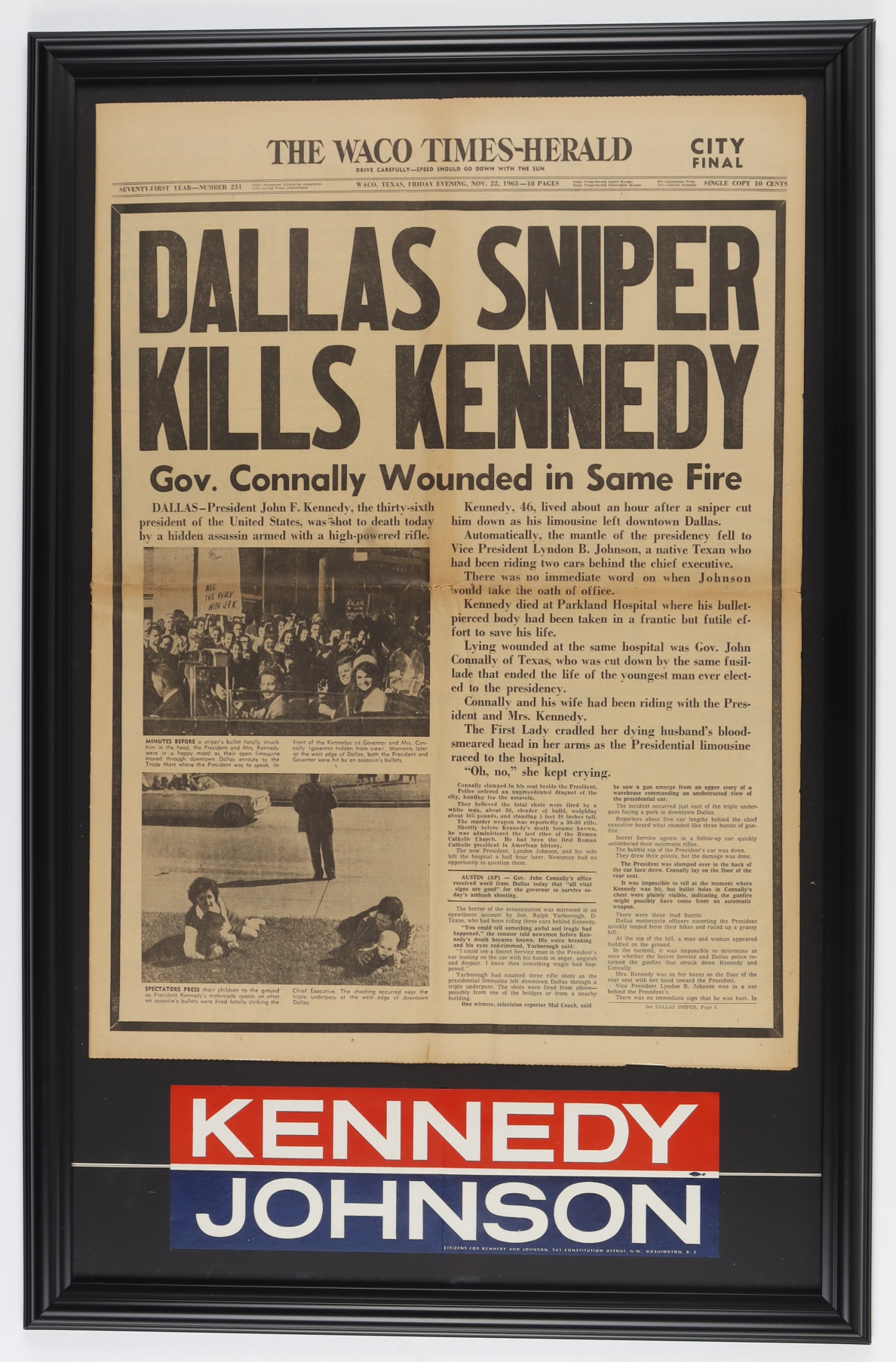Original November 22, 1963 "President Killed" Waco Times-Herald 20x31 ...