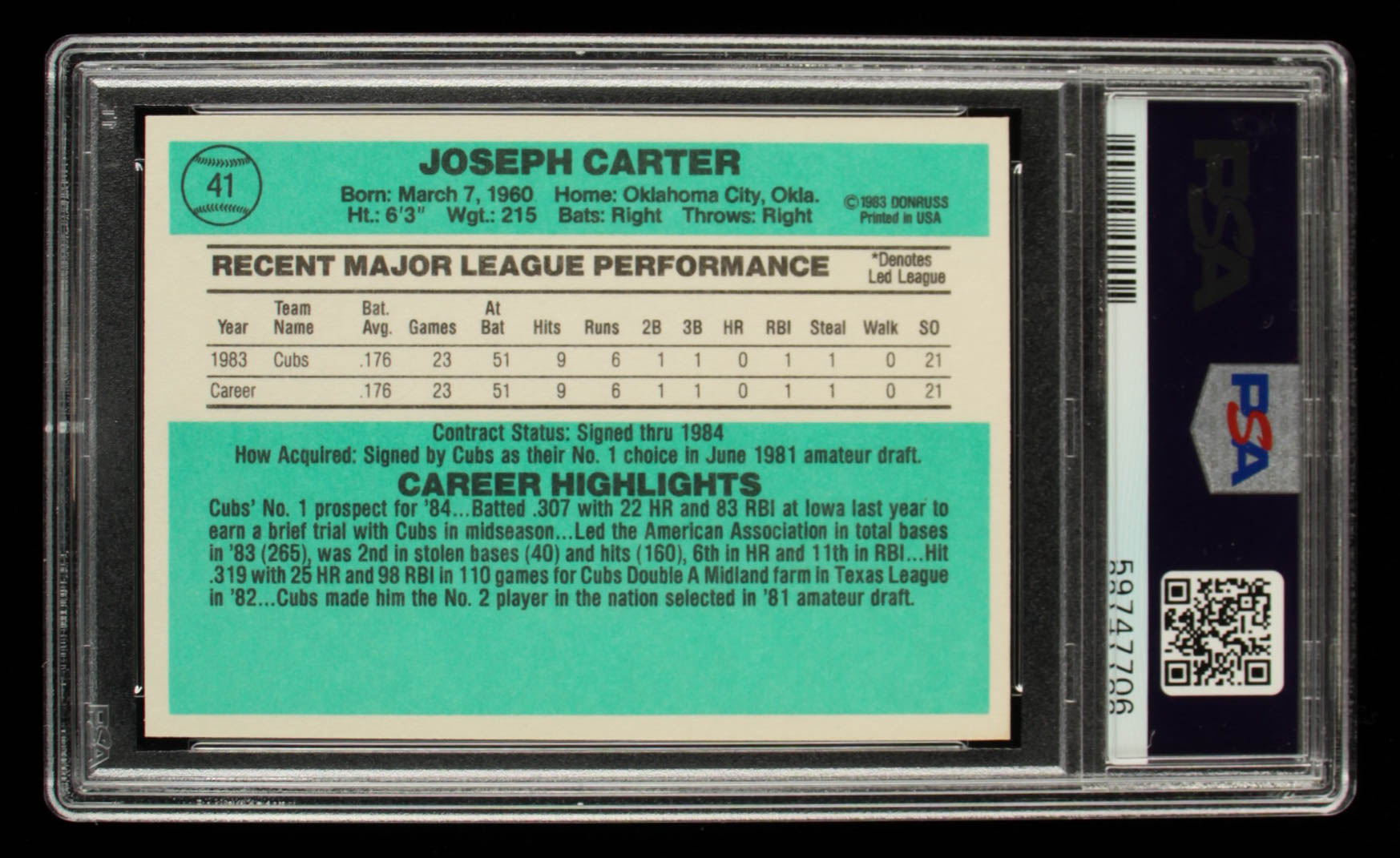 Joe Carter 1984 Donruss #41 RR RC (PSA 10) at PristineAuction.com Joe Carter 1984 Donruss #41 RR RC (PSA 10) at PristineAuction.com
