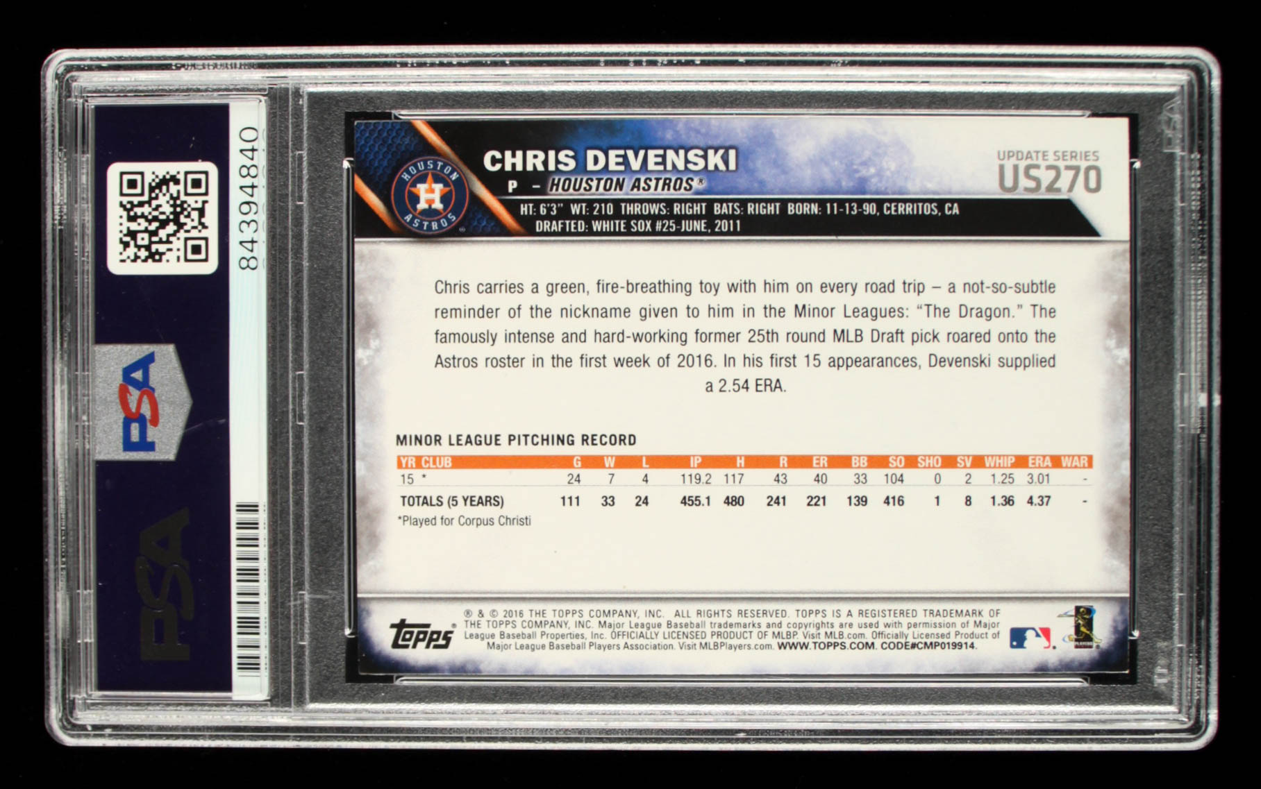 Chris Devenski Signed 2016 Topps Update #US270 RC (PSA Encapsulated) at PristineAuction.com Chris Devenski Signed 2016 Topps Update #US270 RC (PSA Encapsulated) at PristineAuction.com