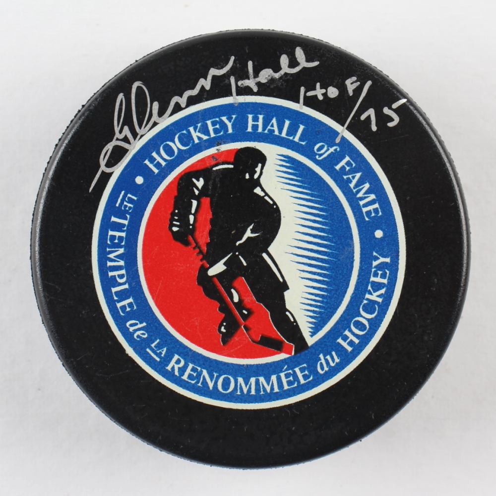 Glenn Hall Signed Hockey Hall of Fame Logo Hockey Puck Inscribed "HOF '75" (Schwartz Sports COA