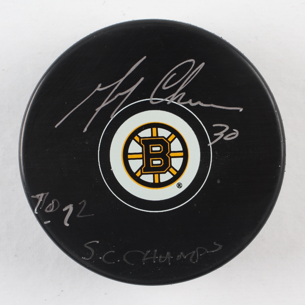 Gerry Cheevers Signed Bruins Logo Hockey Puck Inscribed "70, 72 S.C. Champs" (Schwartz Sports COA) at PristineAuction.com Gerry Cheevers Signed Bruins Logo Hockey Puck Inscribed "70, 72 S.C. Champs" (Schwartz Sports COA) at PristineAuction.com
