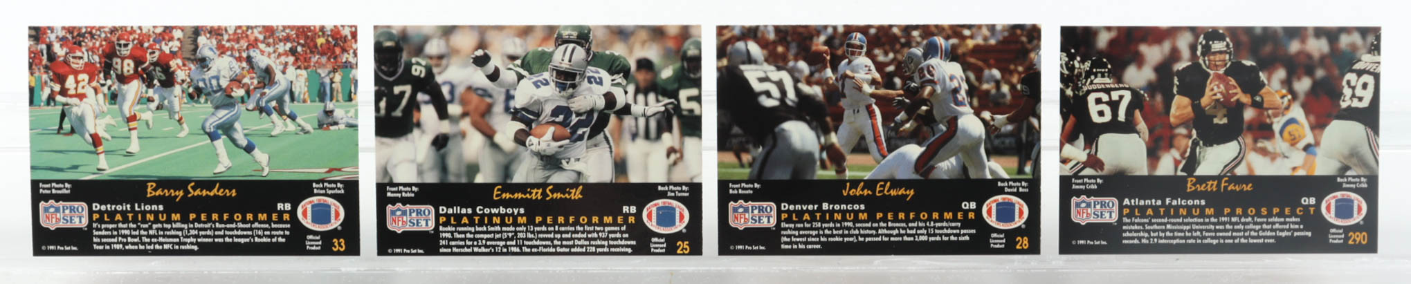 1991 Pro Set Platinum Football Complete Set of (315) Cards with Brett Favre #290 RC, Emmitt Smith #25, John Elway #28, Barry Sanders #33 at PristineAuction.com 1991 Pro Set Platinum Football Complete Set of (315) Cards with Brett Favre #290 RC, Emmitt Smith #25, John Elway #28, Barry Sanders #33 at PristineAuction.com