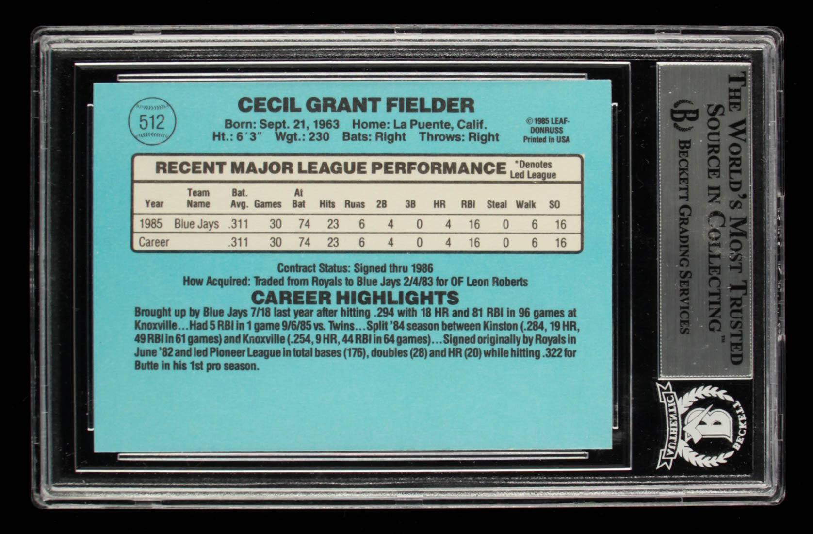 Cecil Fielder Signed 1986 Donruss #512 RC (BGS Encapsulated) at PristineAuction.com Cecil Fielder Signed 1986 Donruss #512 RC (BGS Encapsulated) at PristineAuction.com