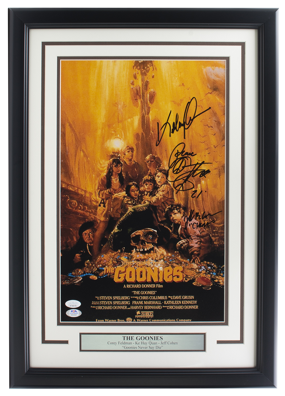 Corey Feldman, Ke Huy Quan & Jeff Cohen Signed "The Goonies" 16x23 Custom Framed Photo Inscribed "Peace" (JSA & PSA) at PristineAuction.com Corey Feldman, Ke Huy Quan & Jeff Cohen Signed "The Goonies" 16x23 Custom Framed Photo Inscribed "Peace" (JSA & PSA) at PristineAuction.com